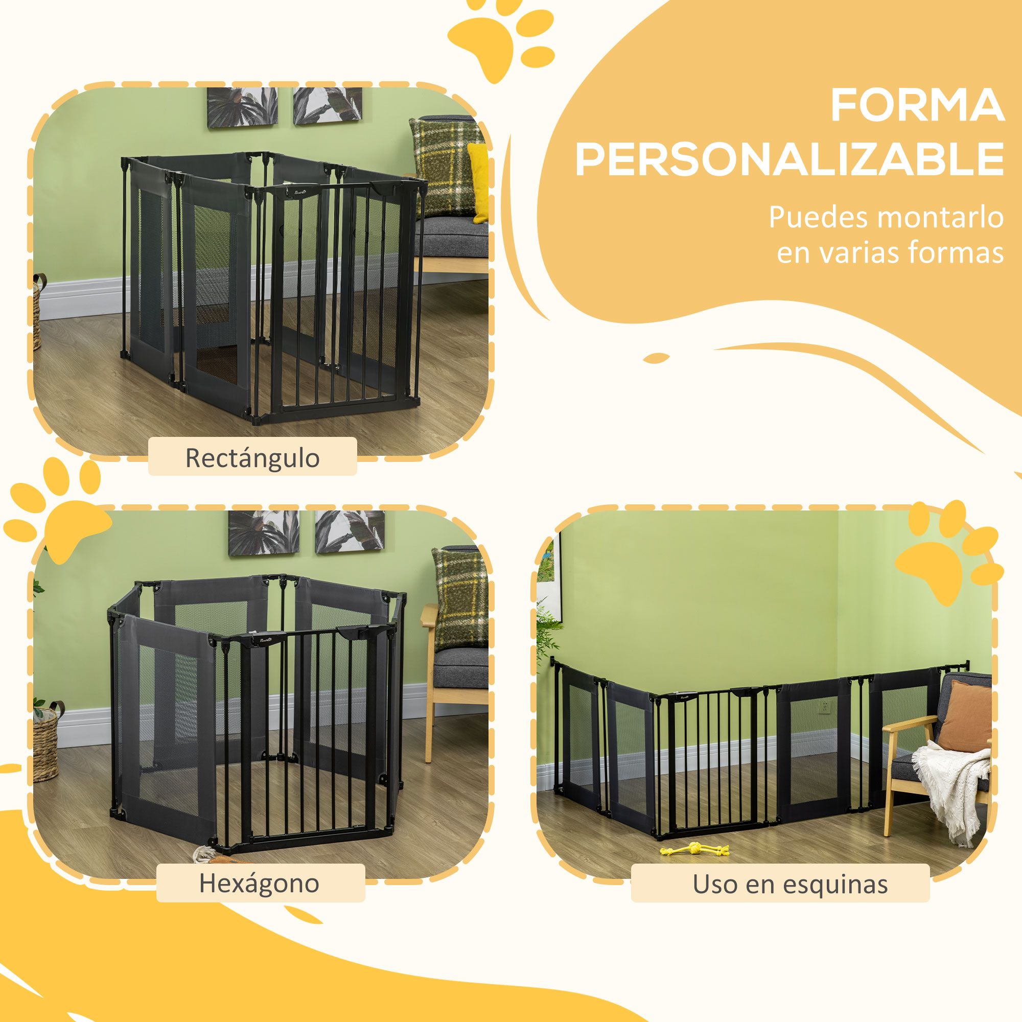 Puerta para mascotas negra en tres formas: rectángulo, hexágono y uso en esquina. Fondo amarillo.