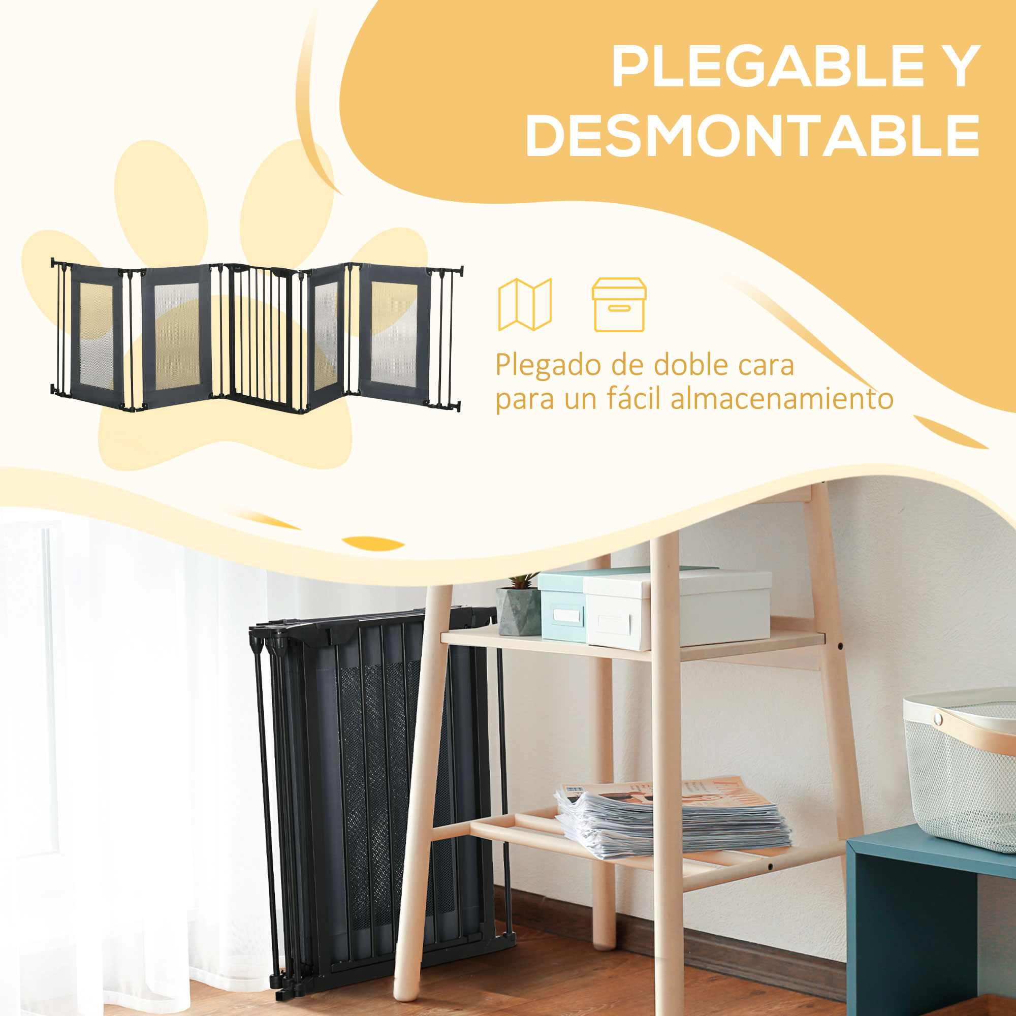Una puerta plegable negra para mascotas, plegada y abierta, con una estantería blanca al fondo.