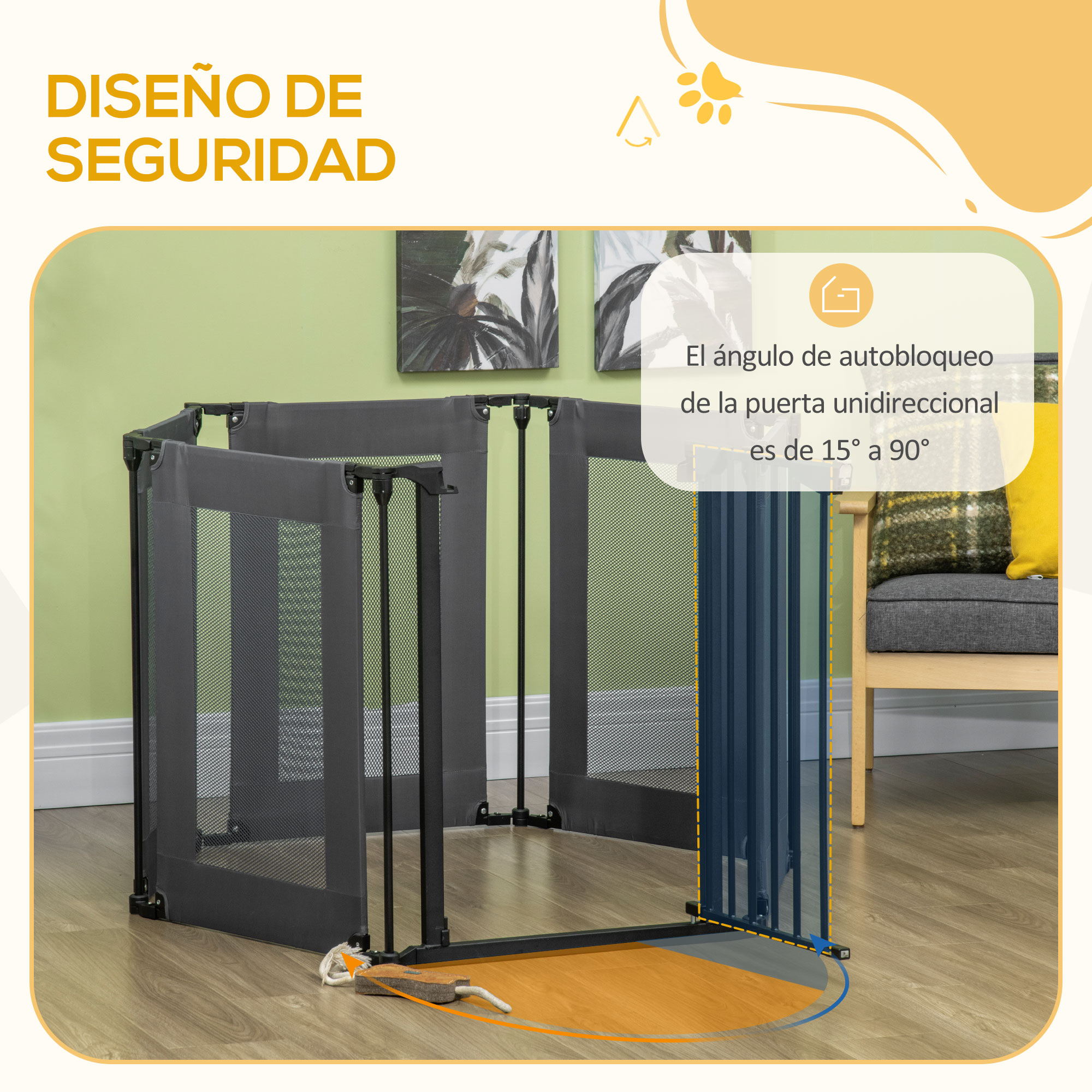 Puerta de seguridad, gris oscuro. Tiene un ángulo autoblocante de 15° a 90°. Un juguete está en el suelo.
