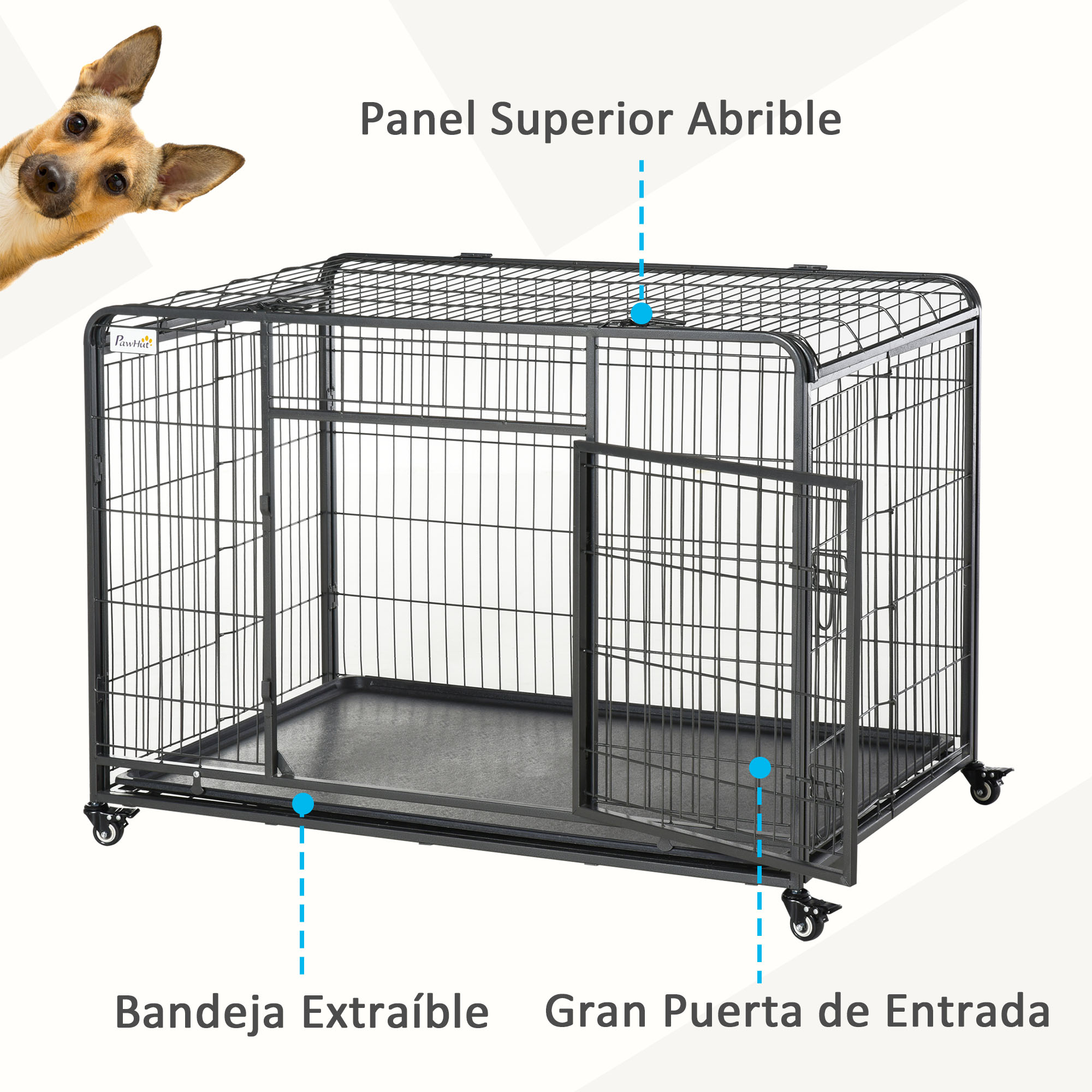 Una jaula para perros de metal negro con una bandeja extraíble, una gran puerta de entrada y un panel superior que se abre.