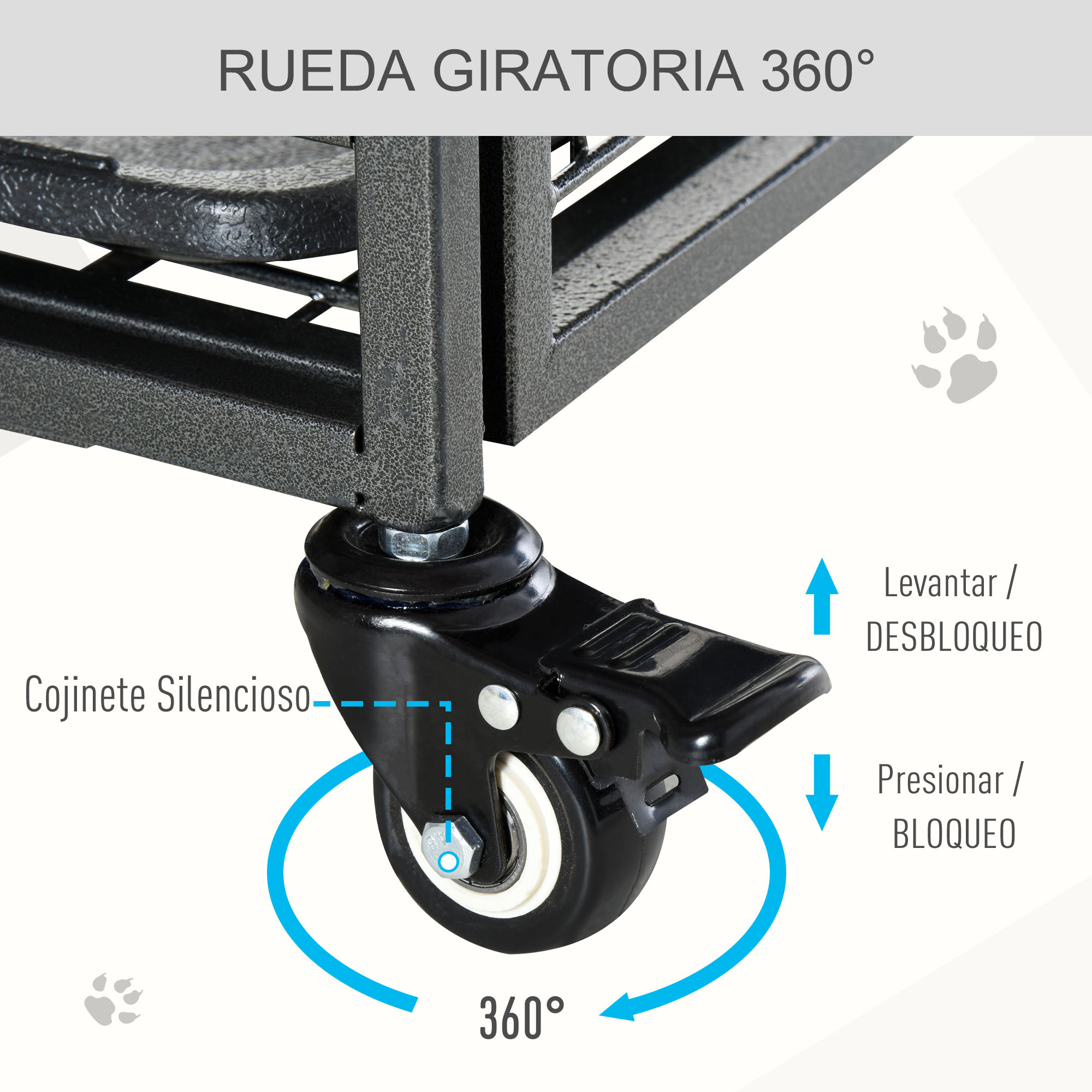 Primer plano de una rueda negra con palanca. El texto describe funciones. La rueda soporta un carro de metal gris oscuro.