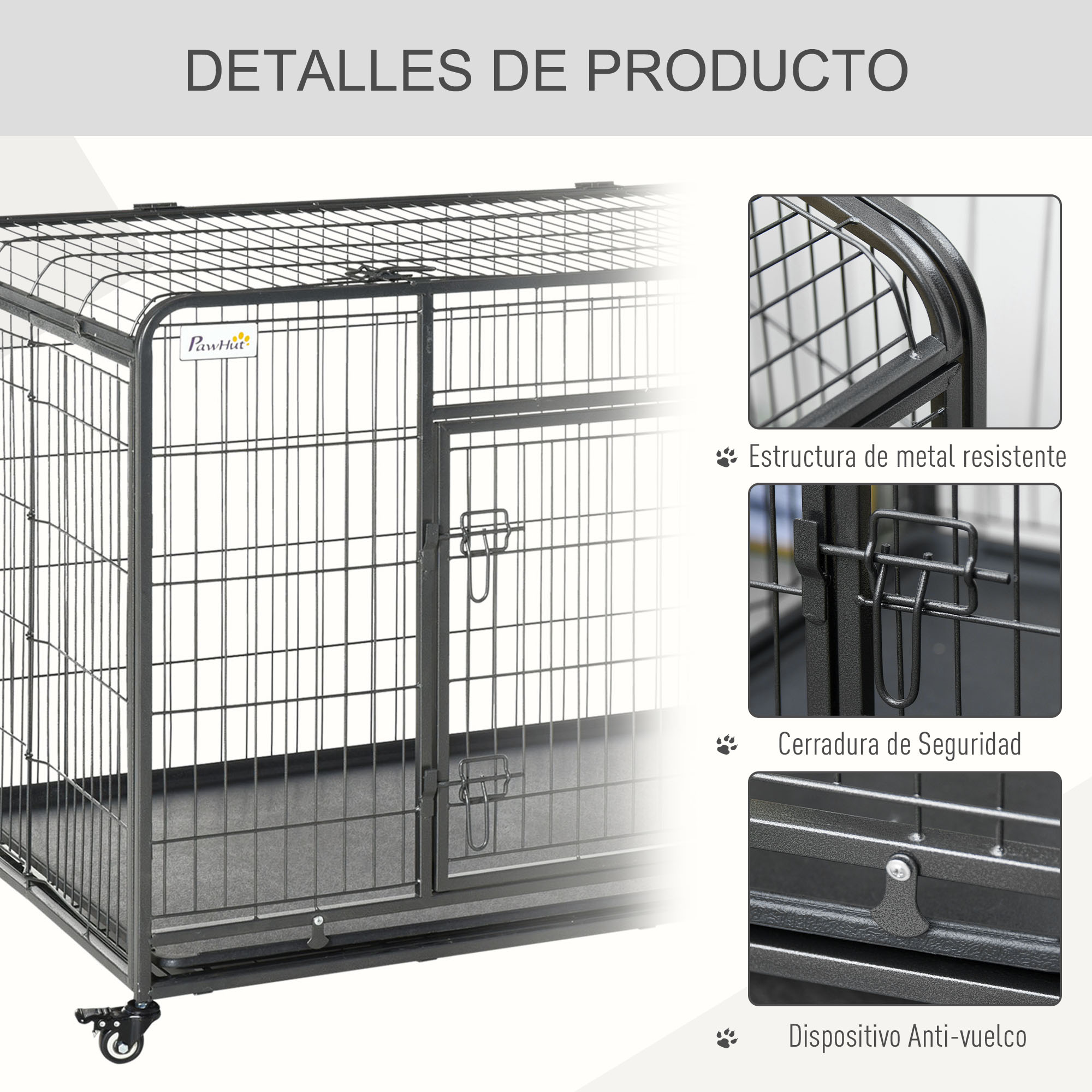 Una jaula para perros de metal negro con puerta delantera, cierre de seguridad y dispositivo antivuelco.