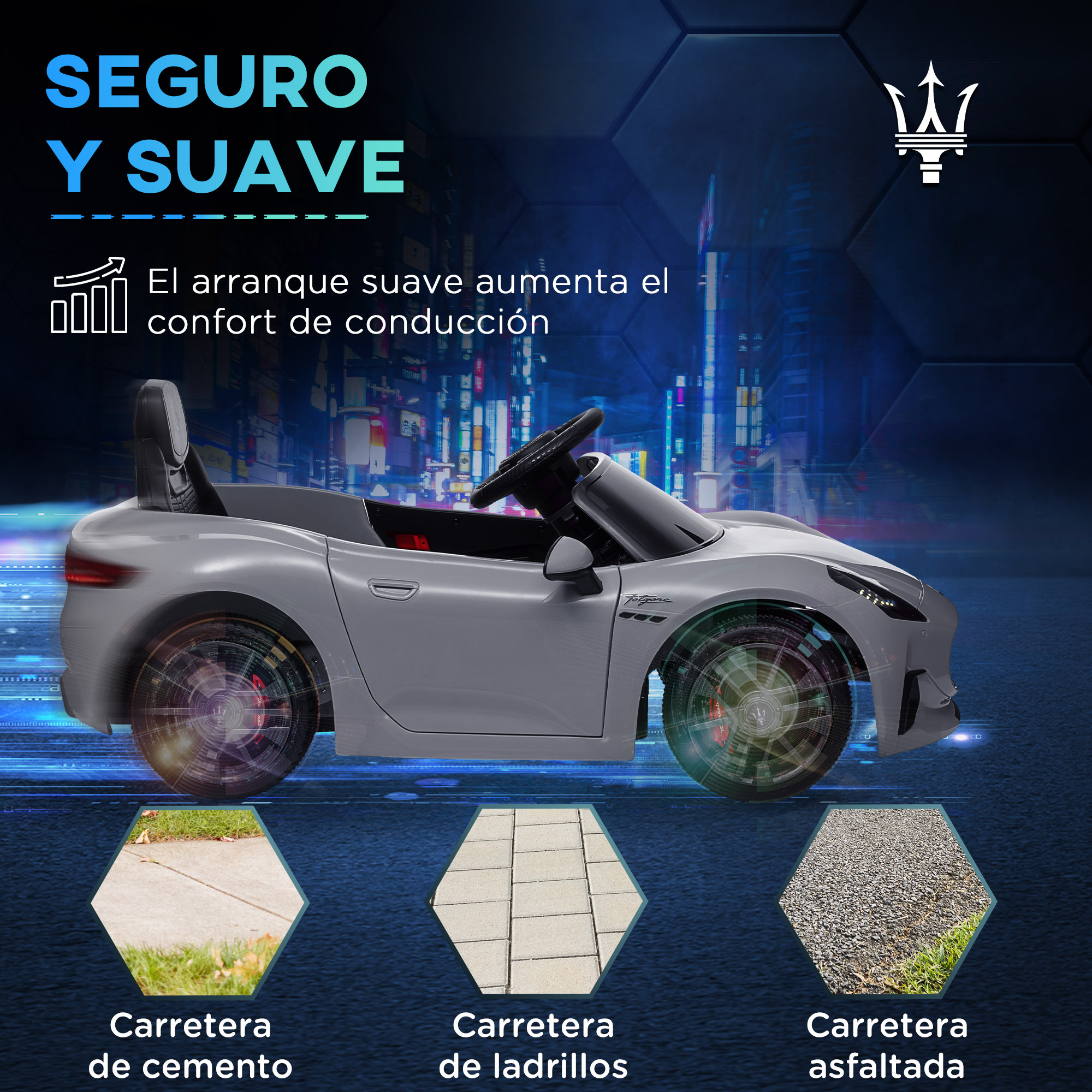 Coche de juguete gris sobre varias superficies viales con texto «SEGURO Y SUAVE».