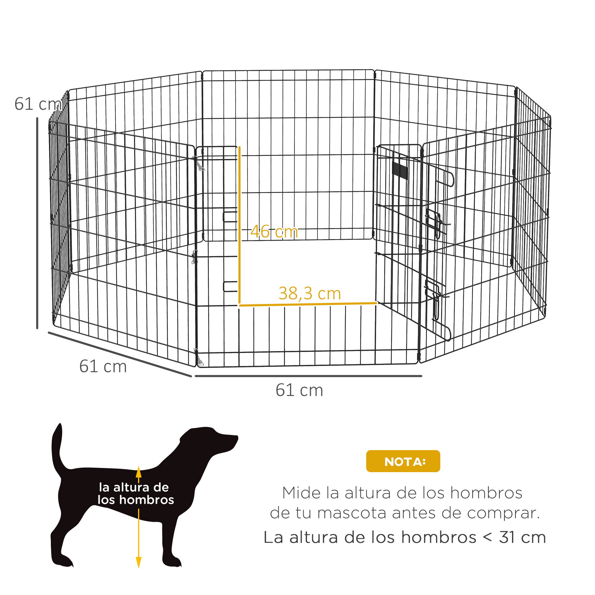 Una valla para perros de metal negro. Se dan las dimensiones. Se muestra la silueta de un perro.