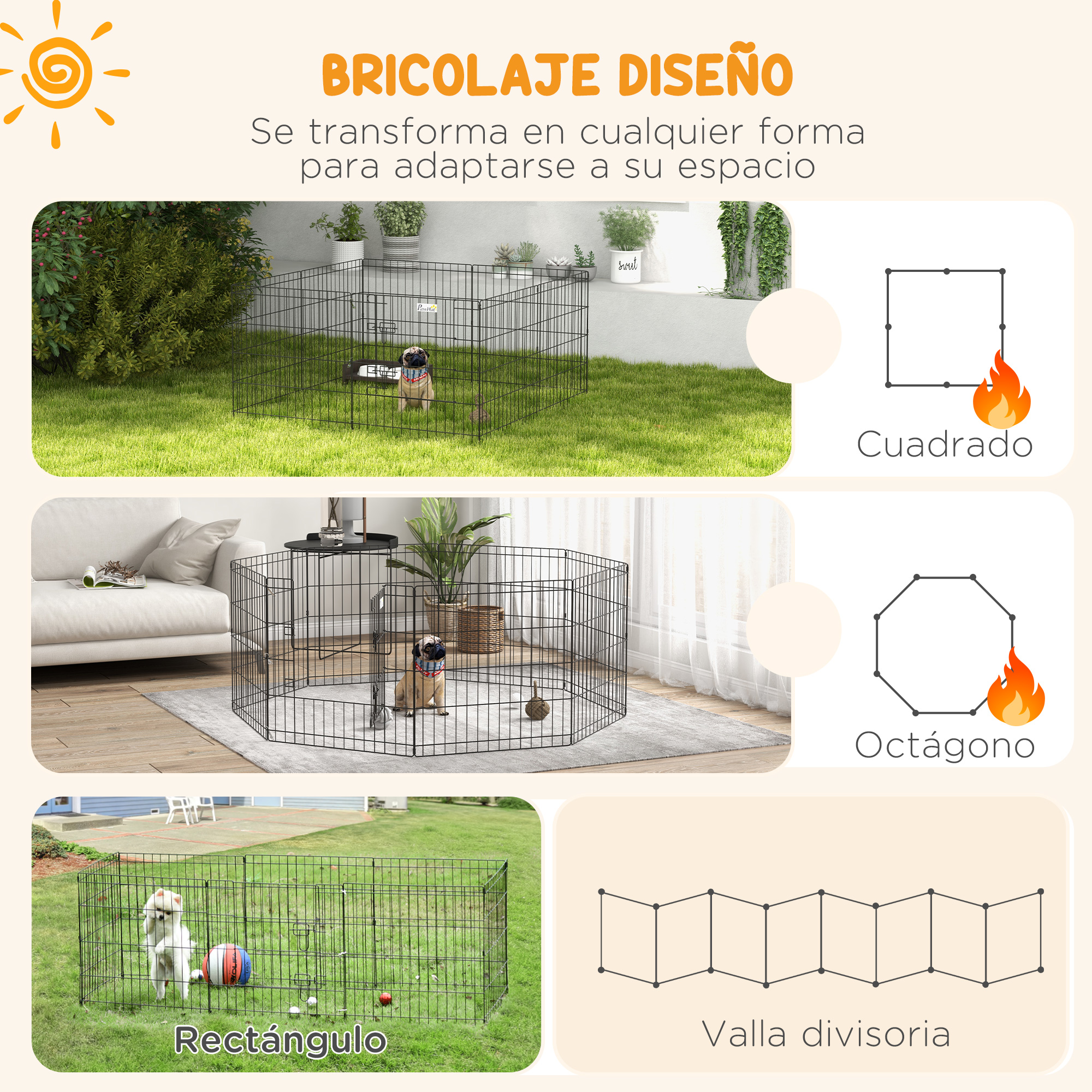 Corral para perros en varias formas. Se muestran opciones cuadradas, octágono y rectángulo.