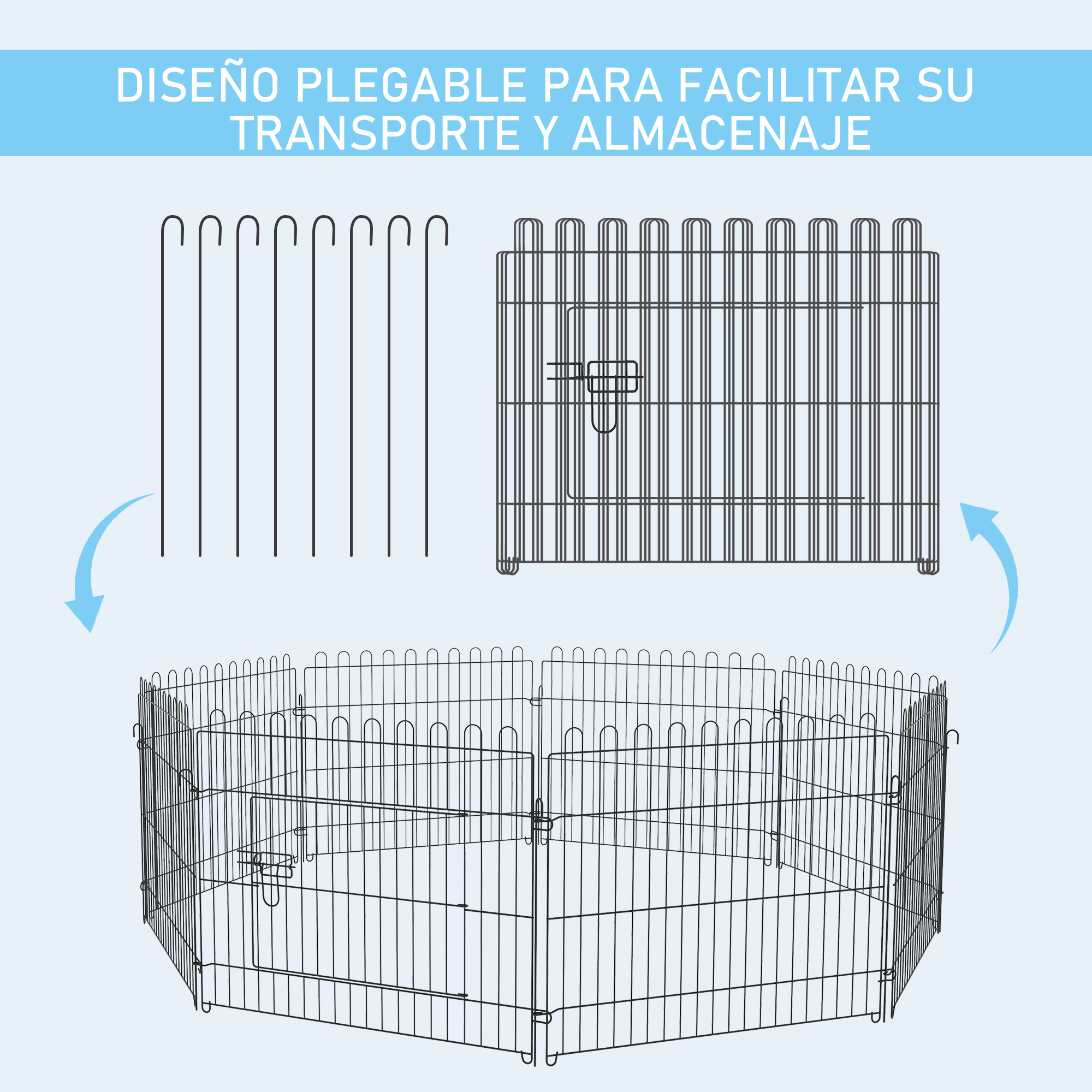 Valla plegable para mascotas, negra. La valla se muestra desmontada y montada. Tiene forma circular.