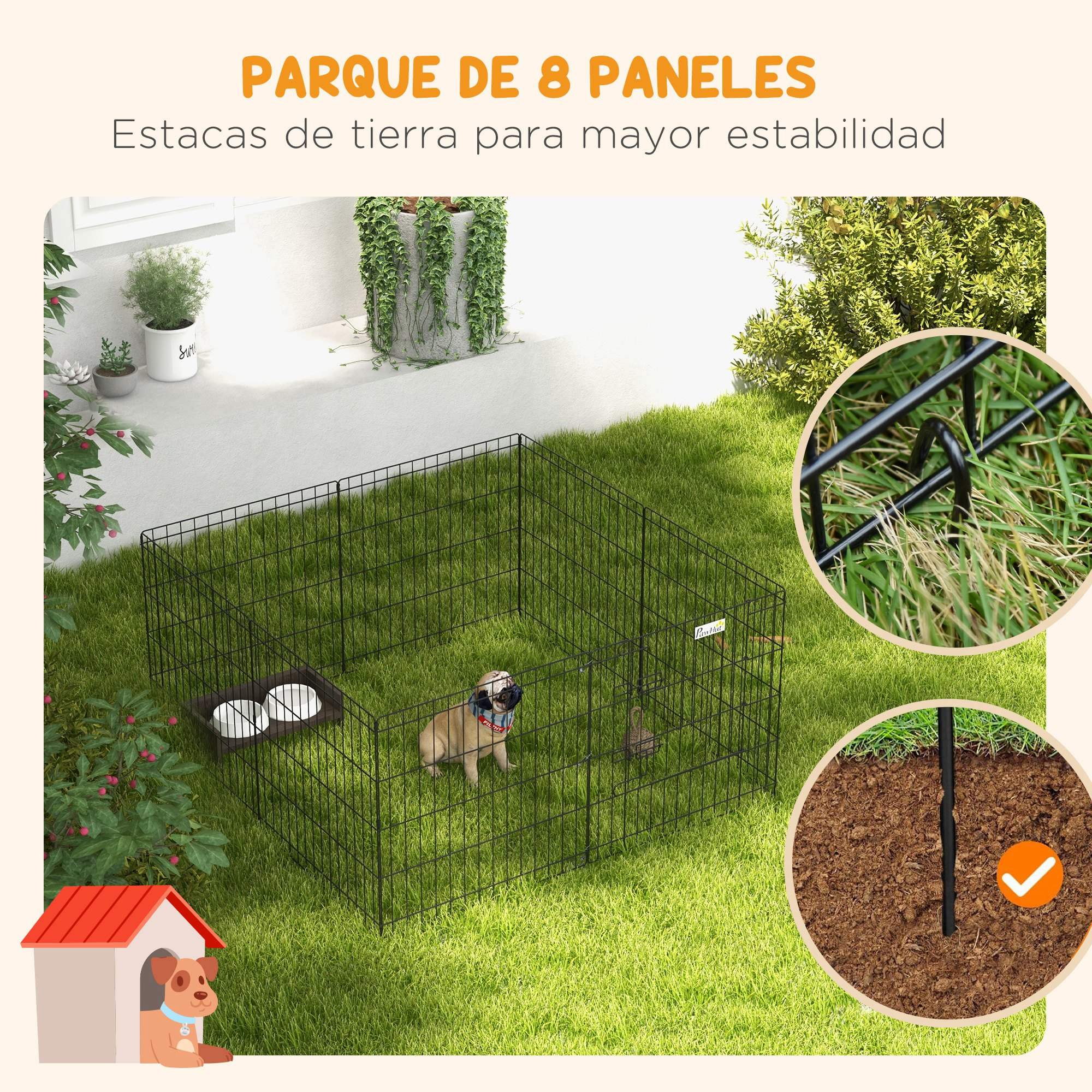 Parque para perros de alambre negro sobre césped, con un perro dentro. Texto: Parque de 8 paneles.