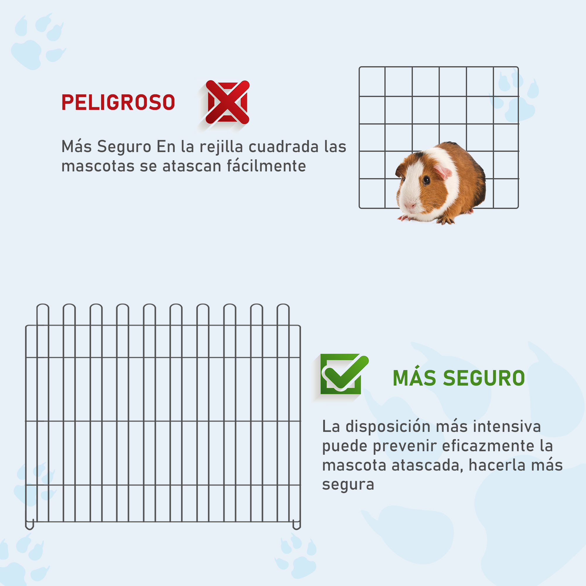 Una ilustración que compara una rejilla cuadrada peligrosa y una valla de barras verticales segura para mascotas.