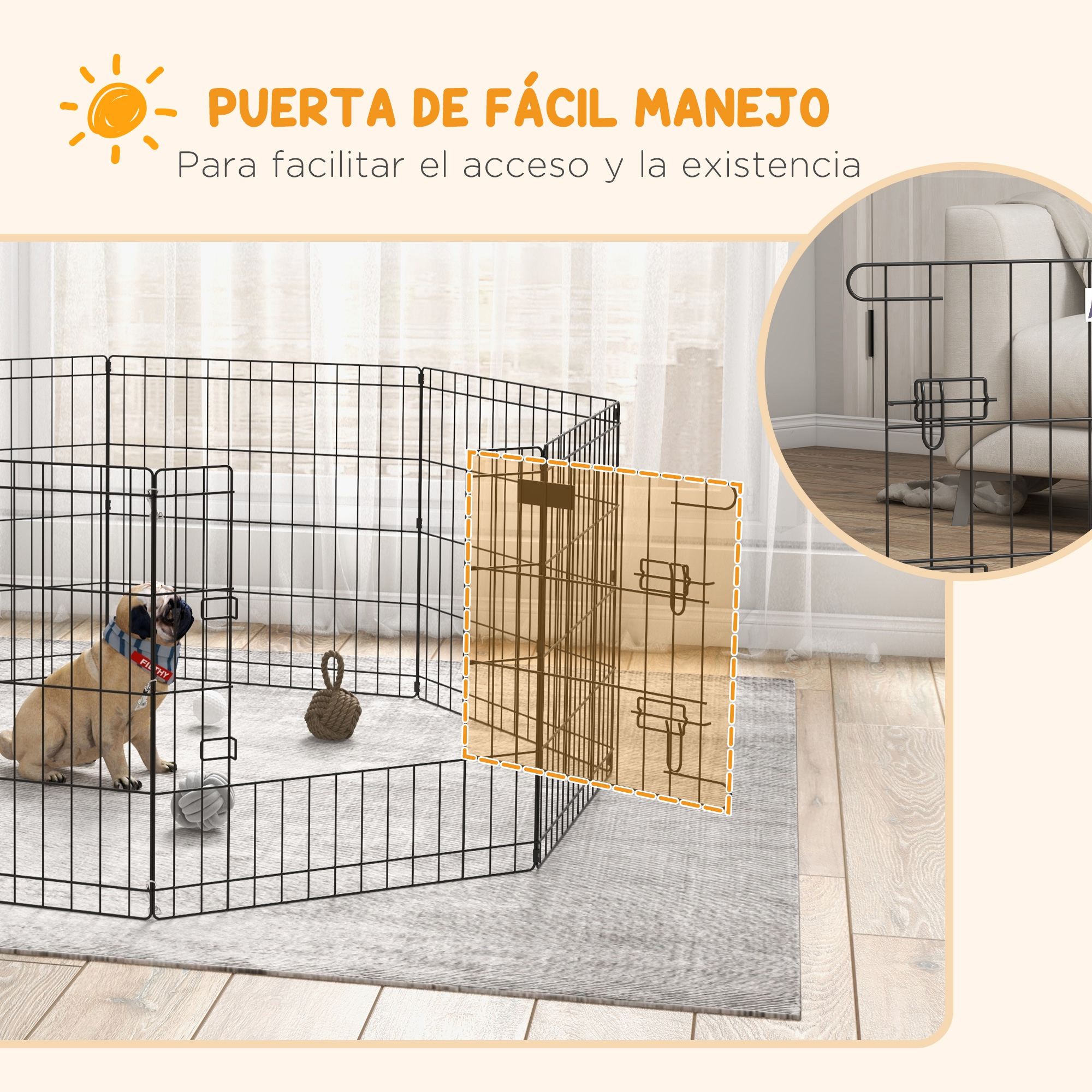 Casa para perros de madera con puerta negra.