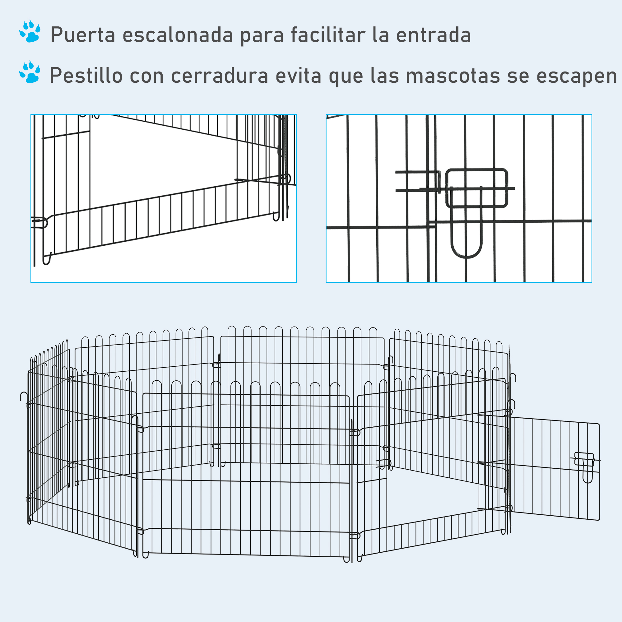 Valla metálica para mascotas con puerta. Barras negras. Dos detalles de la puerta.
