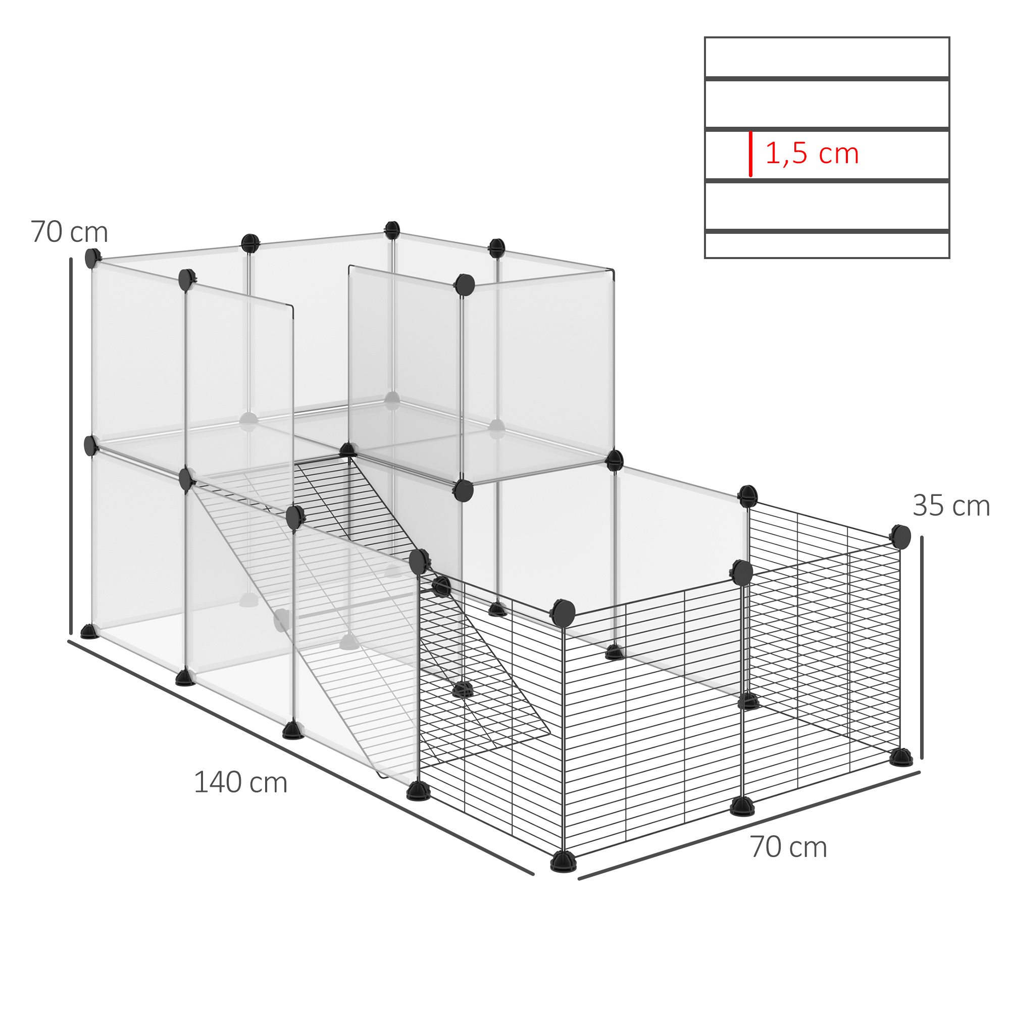 Recinto transparente para mascotas con rampa. Se proporcionan medidas.