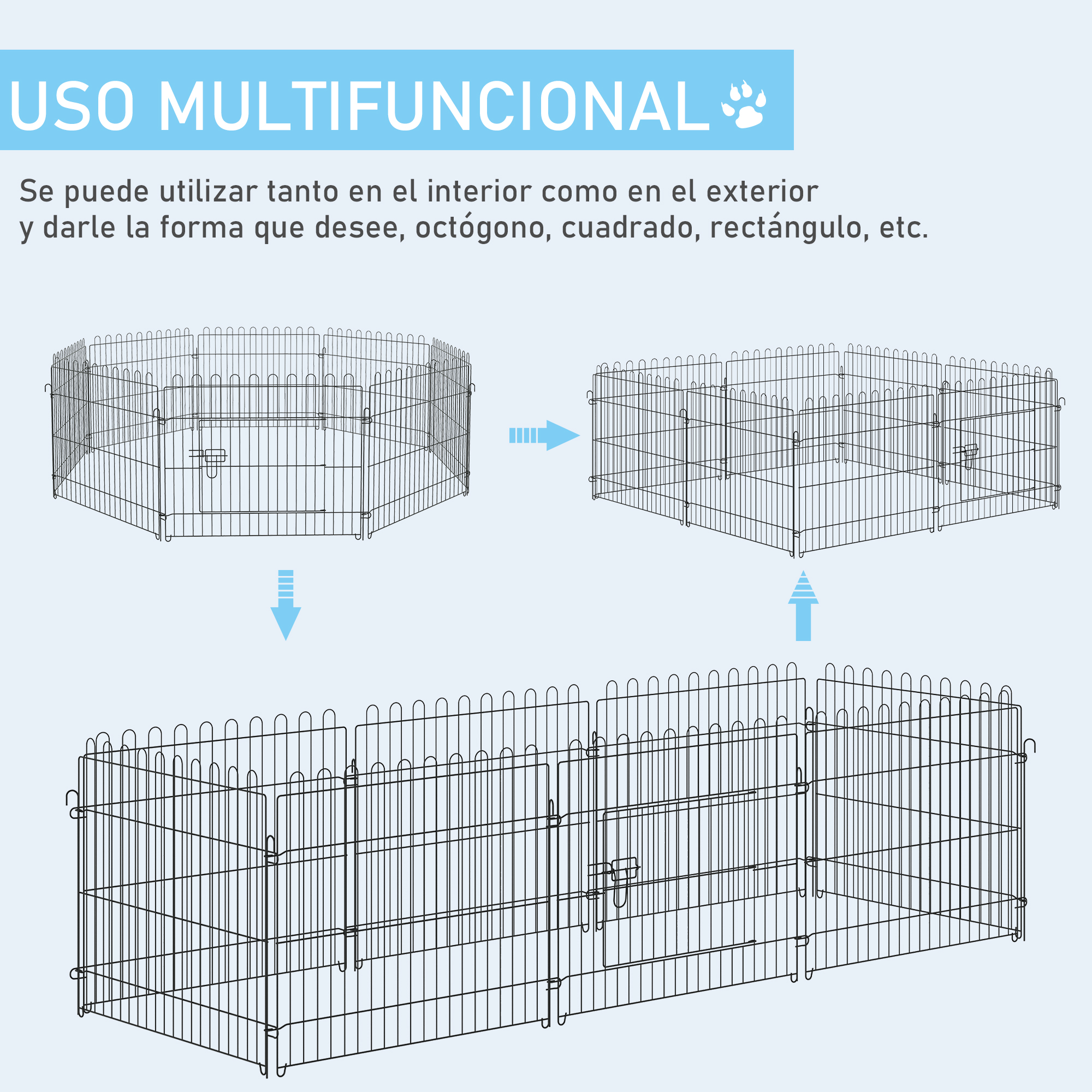 Diagramas que muestran la configuración de un parque de alambre: un octágono, un cuadrado y un rectángulo grande.