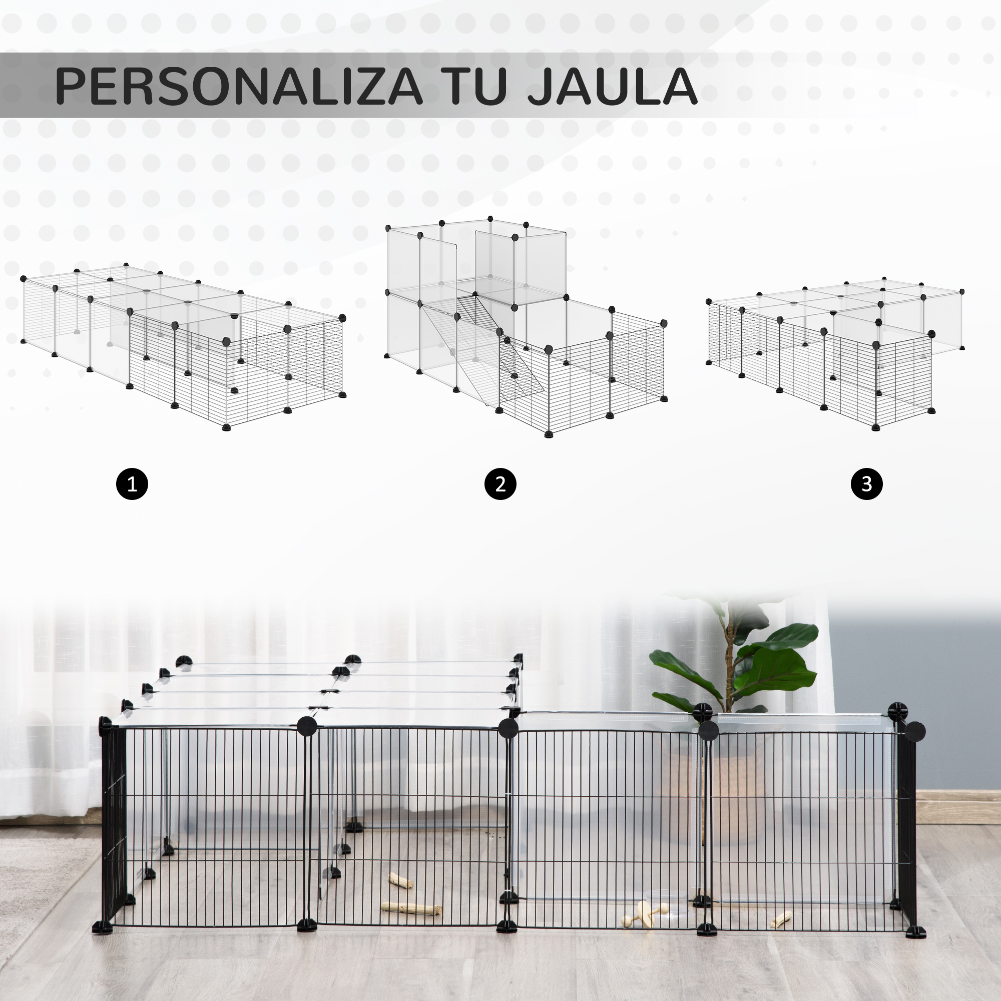 Tres configuraciones diferentes de un recinto para mascotas de alambre negro. Están sobre un fondo blanco.