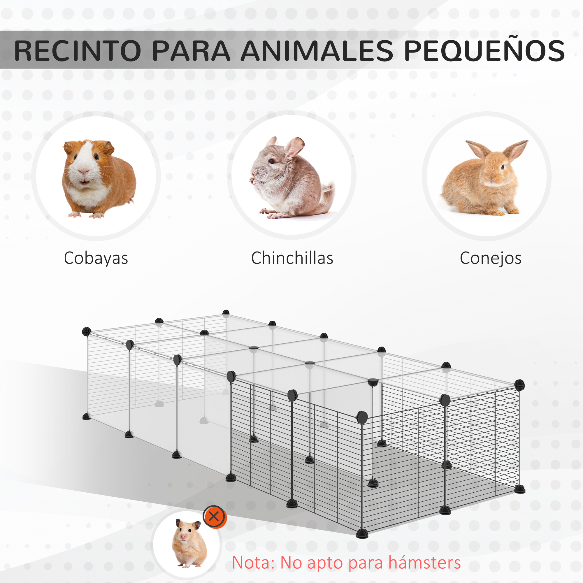 Recinto para mascotas con cobayas, chinchillas y conejos, más texto.