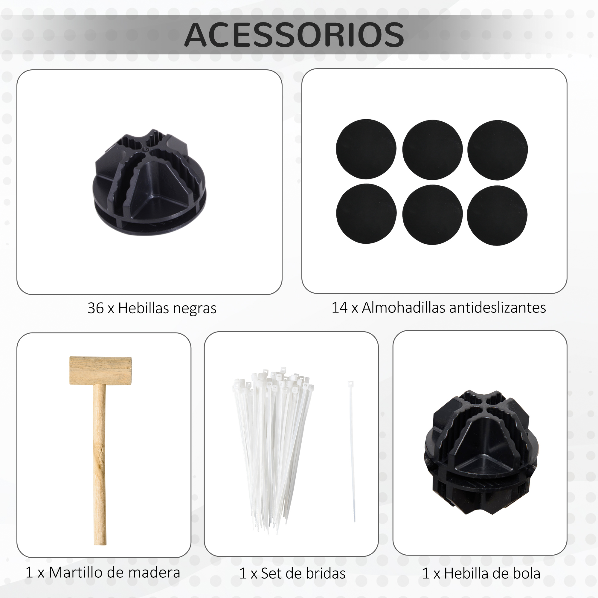 Juego de accesorios. Incluye conectores negros, almohadillas negras, martillo de madera, bridas y conector de bola.