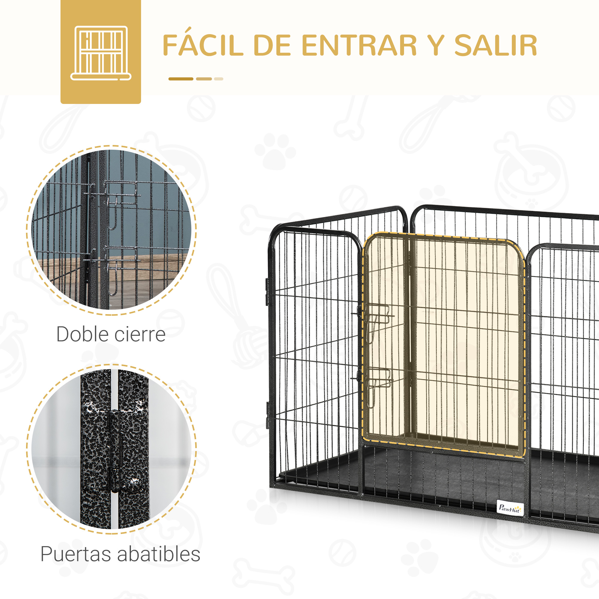 Parque para perros negro con puerta y doble cierre. Detalles de las bisagras.