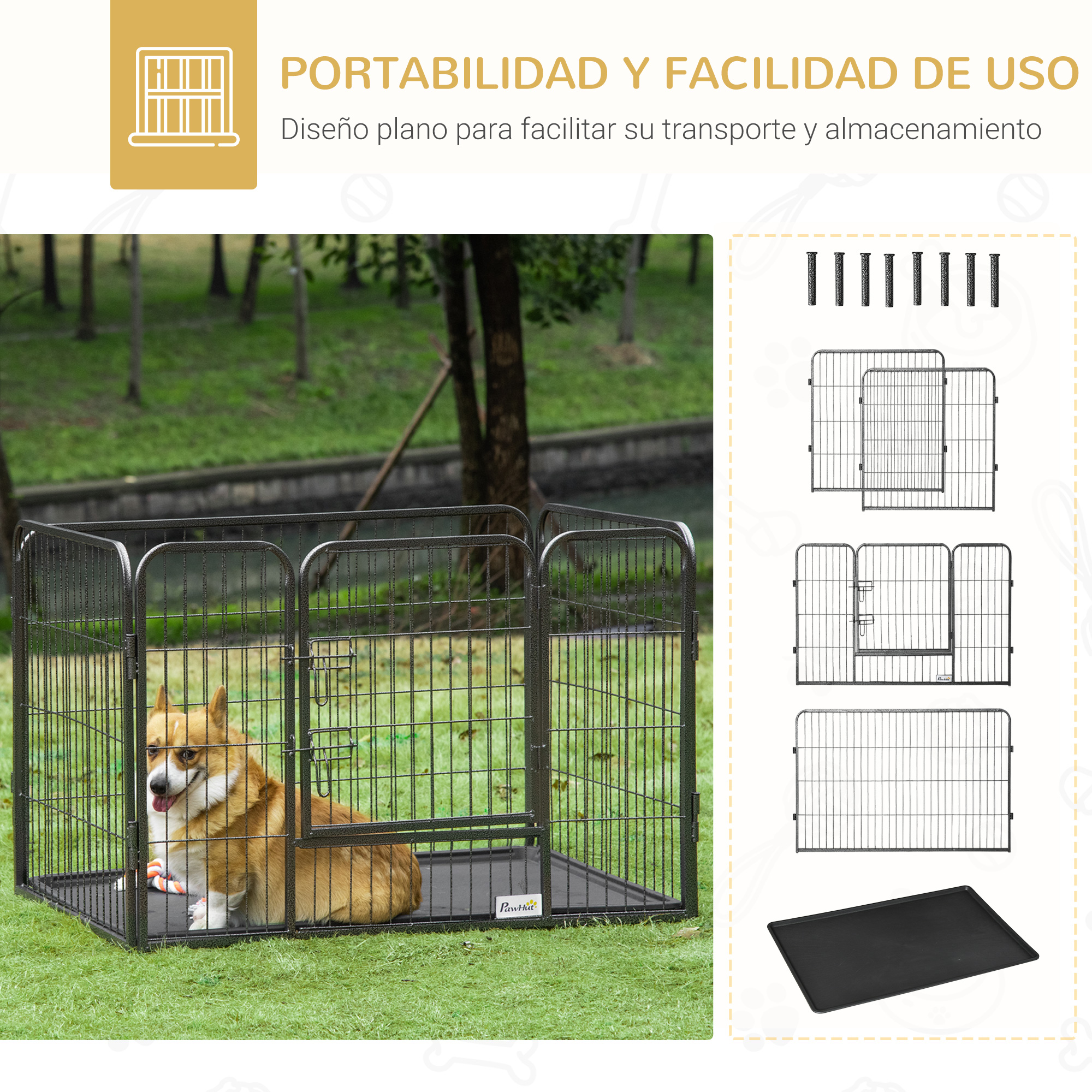 Un perro en un corral de metal negro. Se muestra un segundo corral con piezas.