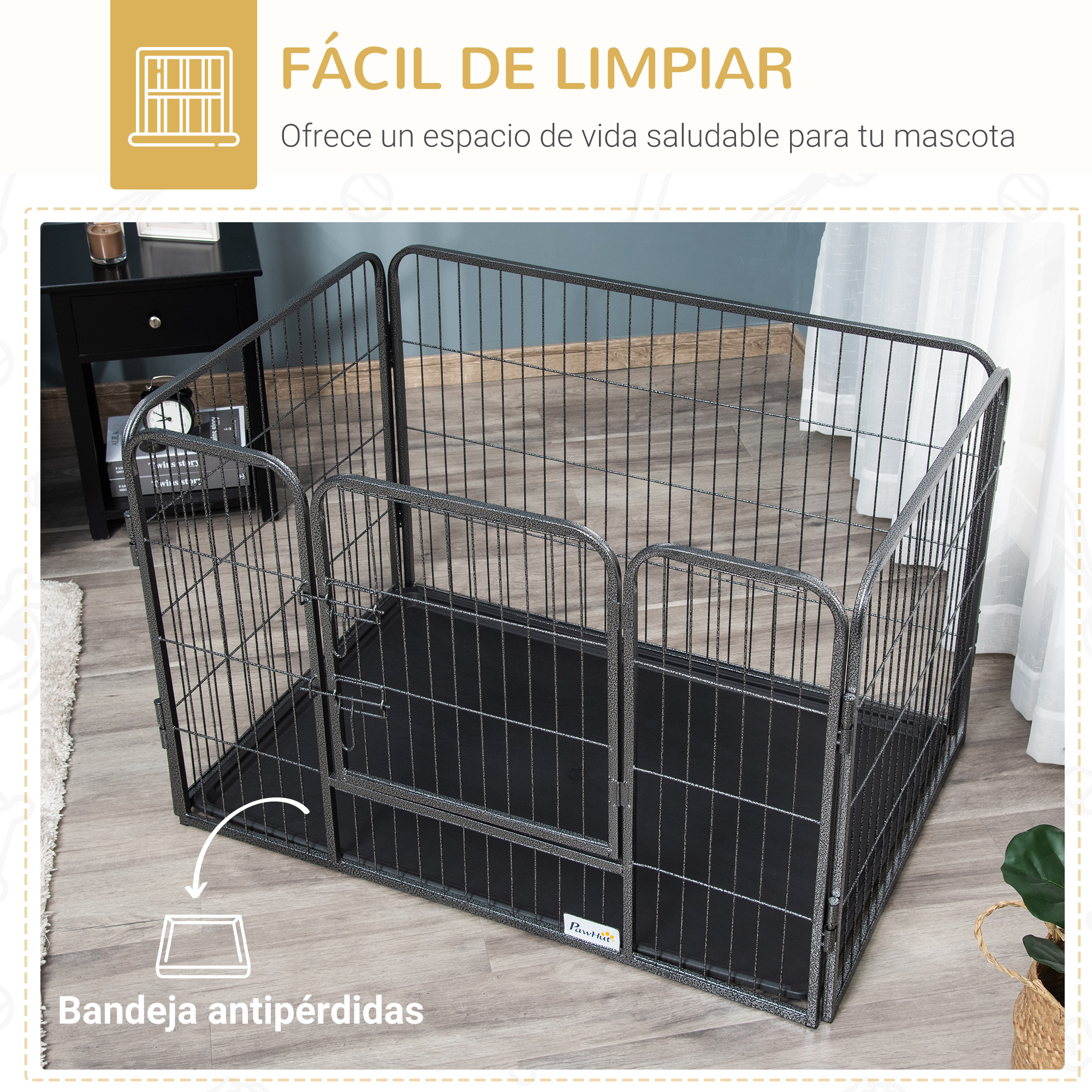 Un parque metálico para mascotas con base negra. Está instalado en un piso de madera junto a una pared blanca.
