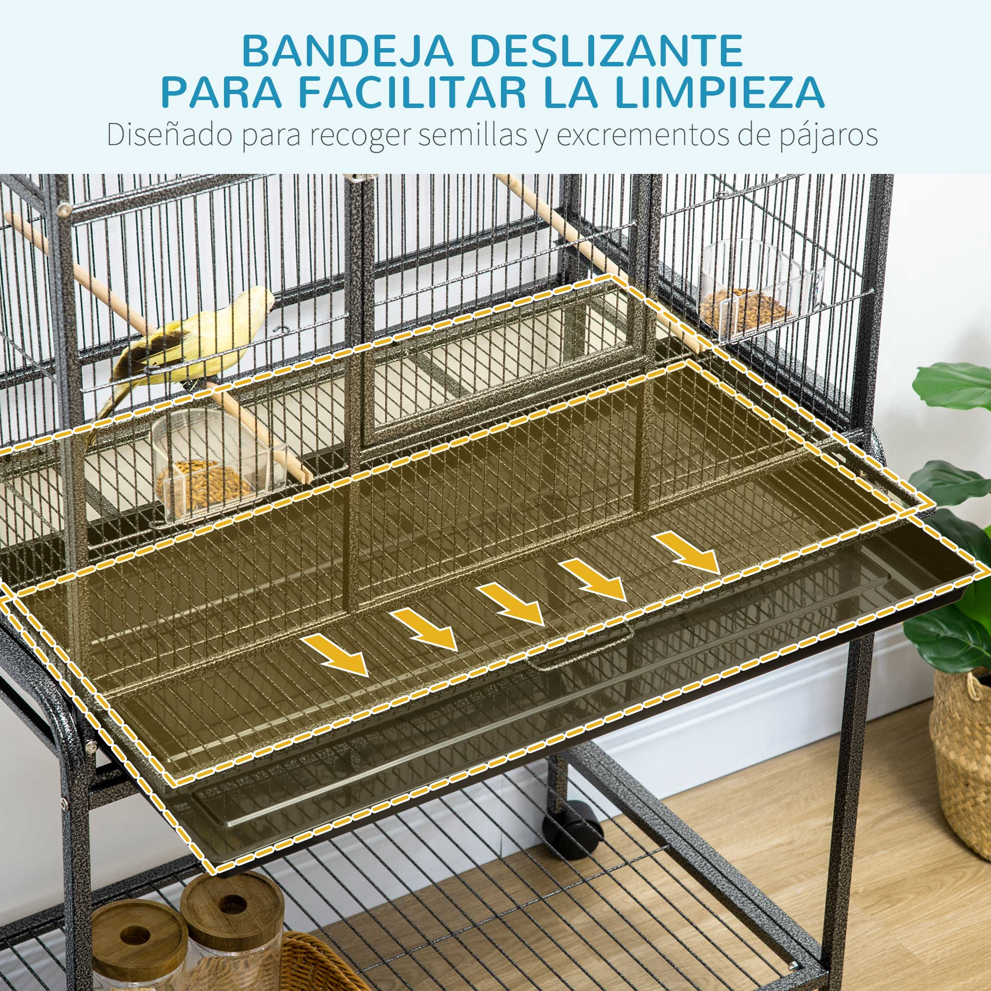 Una jaula para pájaros con una bandeja deslizante para facilitar la limpieza, con flechas que indican la dirección.