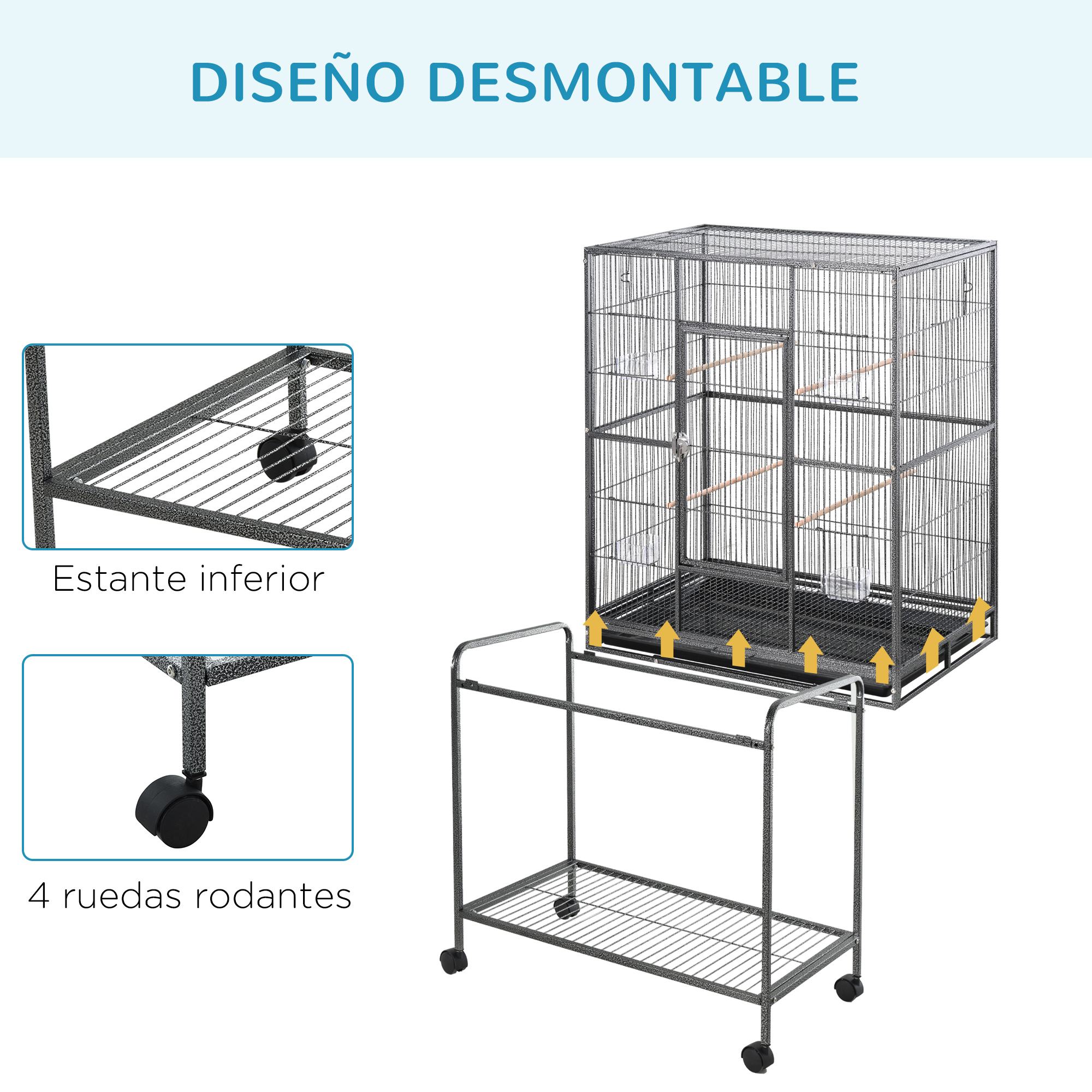 Una jaula de metal para pájaros sobre un soporte rodante. Incluye un estante inferior y cuatro ruedas.