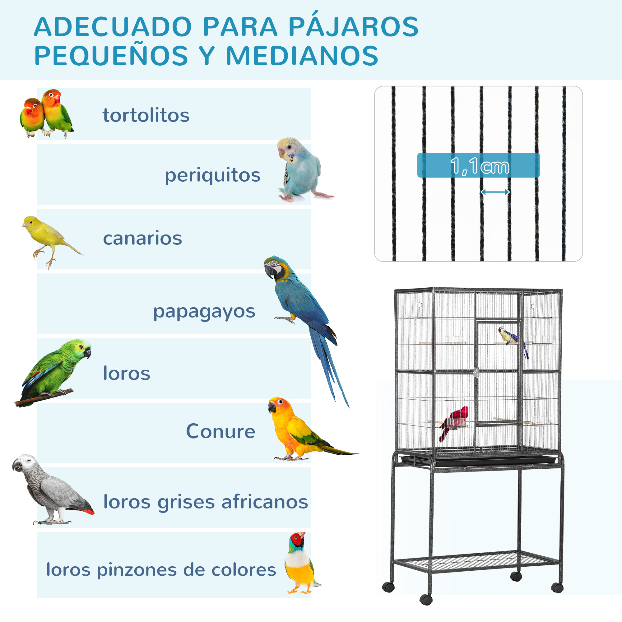 Imagen que muestra una jaula para pájaros, con algunos pájaros. Texto en español sobre aves y sus tipos.