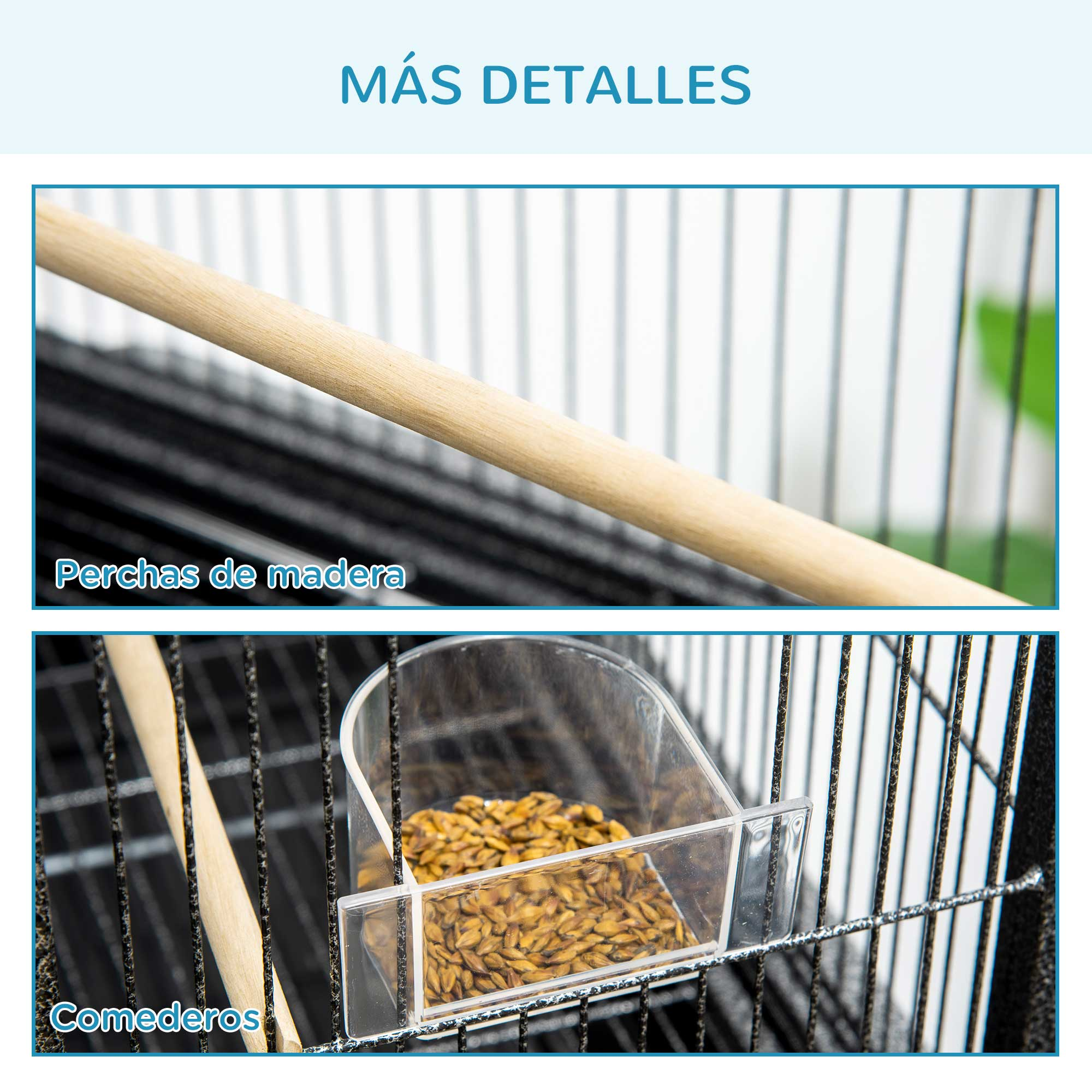 Primer plano de jaula para pájaros. Muestra perchas, un recipiente de comida con semillas y una estructura de rejilla metálica.
