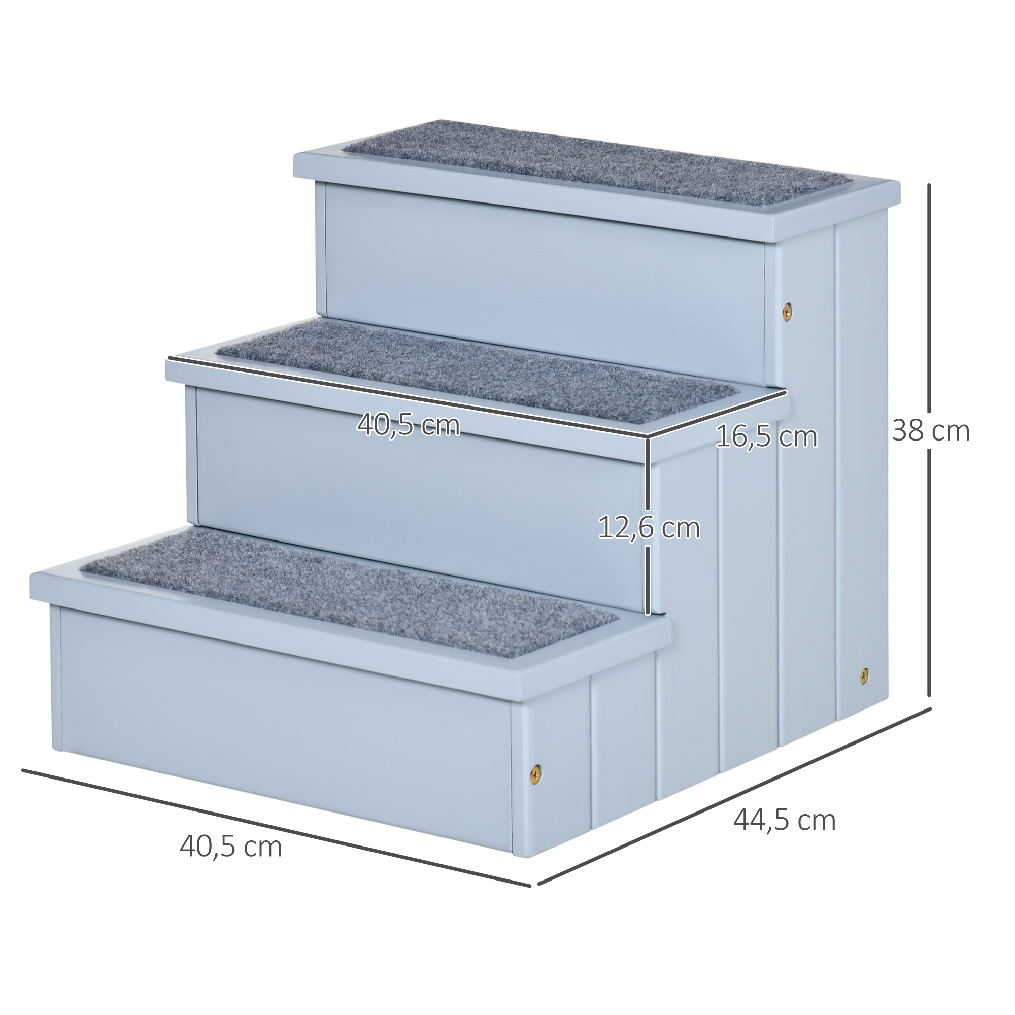 Una escalera para perros de tres pasos con dimensiones, de color azul claro.