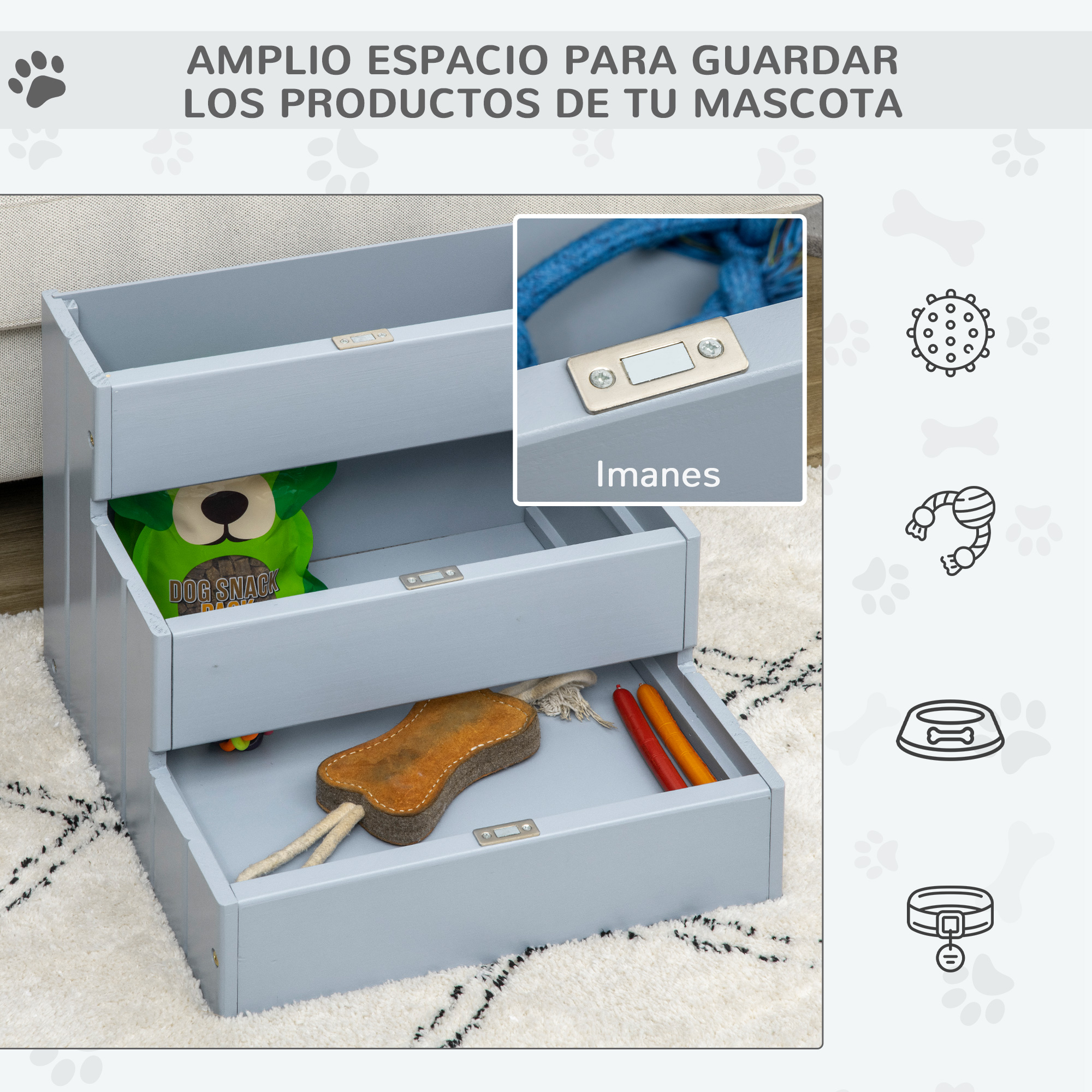 Un escalón gris para mascotas con cajones que contienen un juguete y golosinas, con huellas de patas e iconos a un lado.