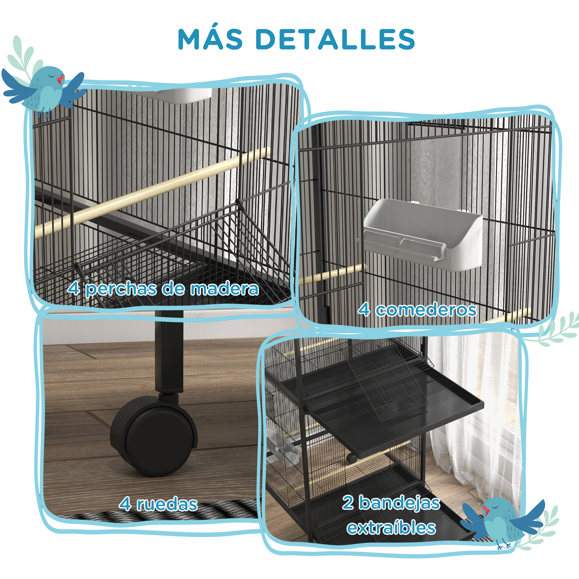 Vistas detalladas de una jaula para pájaros con perchas de madera, comederos y bebederos.