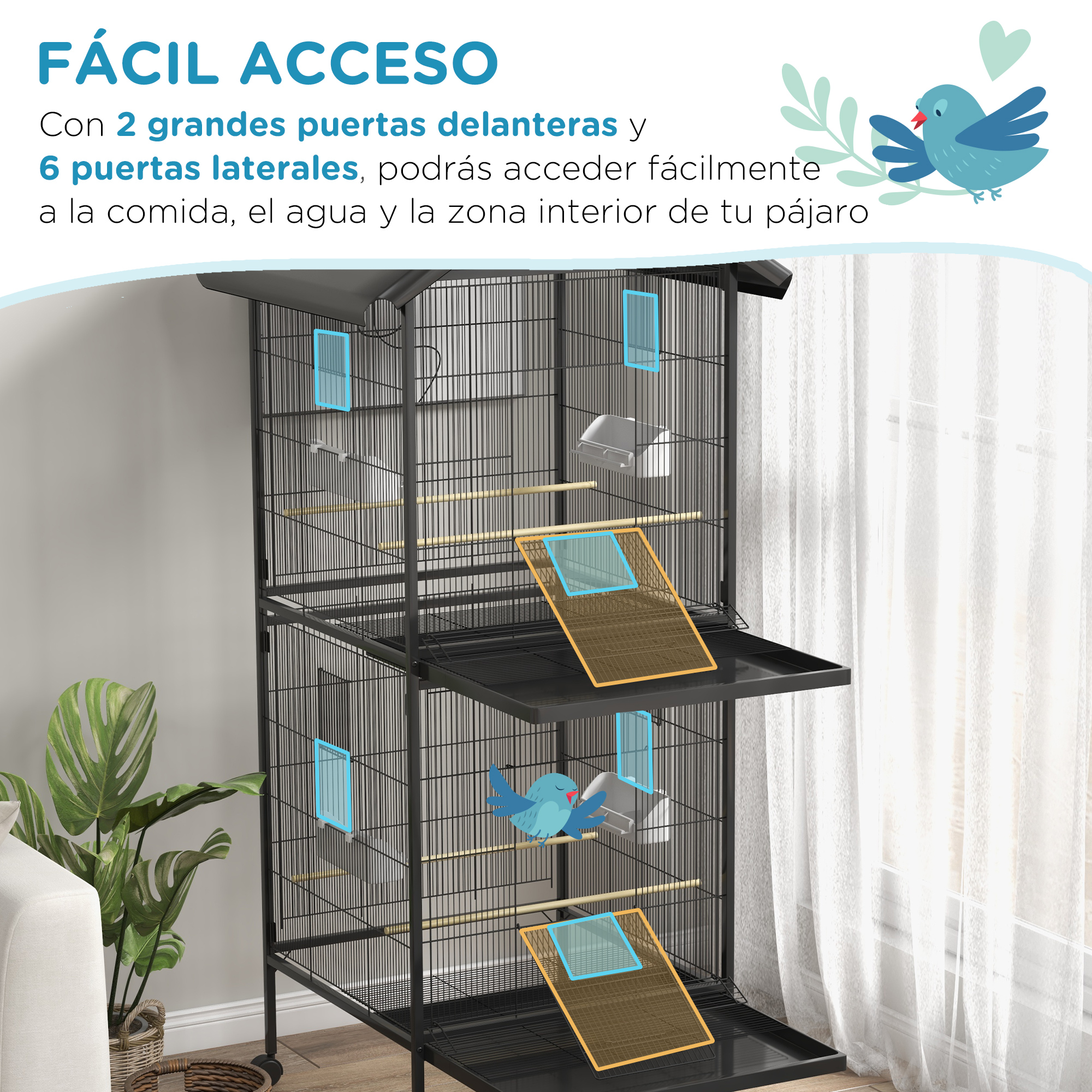 Jaula negra para pájaros con dos puertas delanteras y seis laterales.