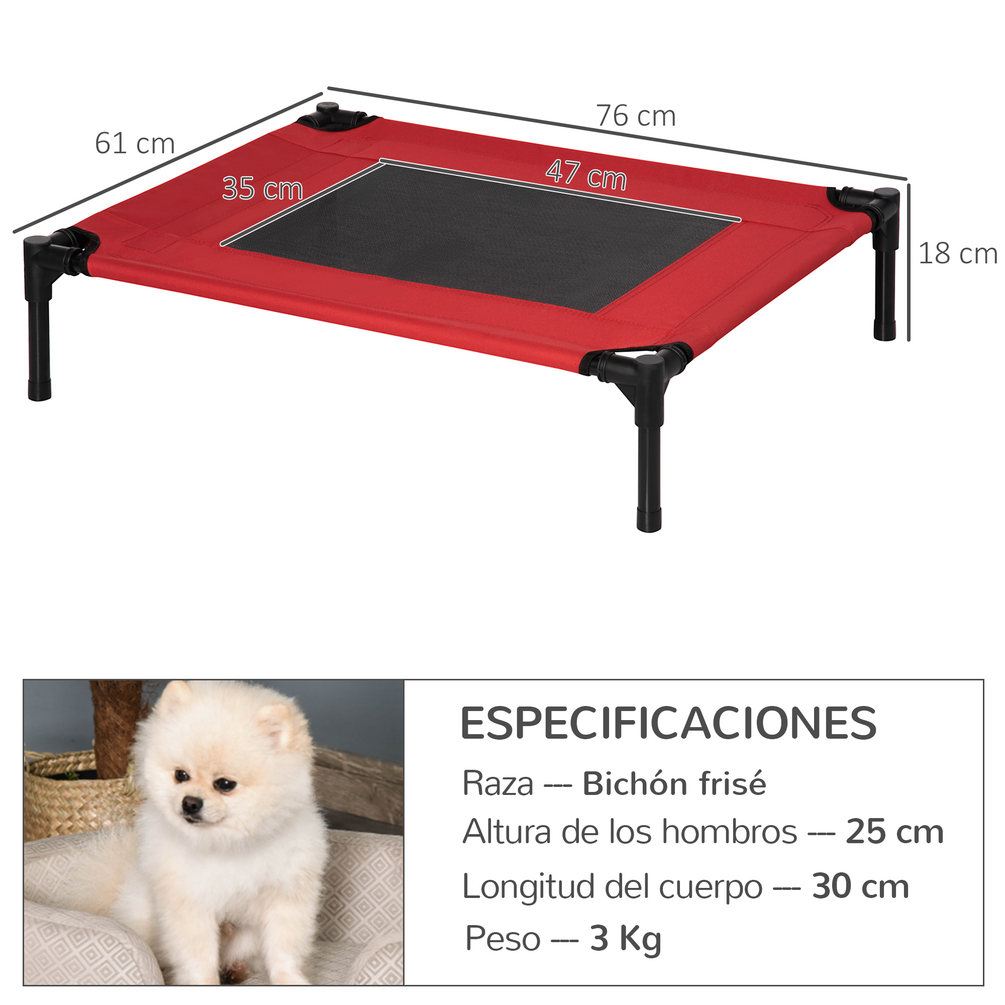 Cama roja para perros con marco negro. Incluye dimensiones y especificaciones de un Bichon Frise.