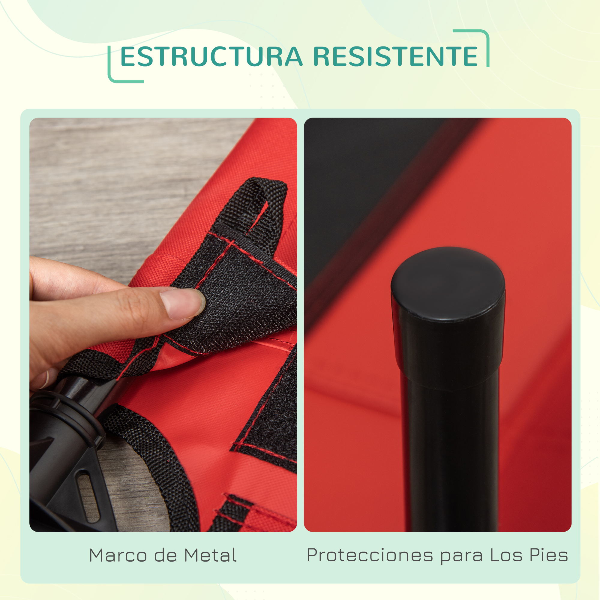 Primer plano de material rojo con velcro, patas de metal negro y fondo rojo.