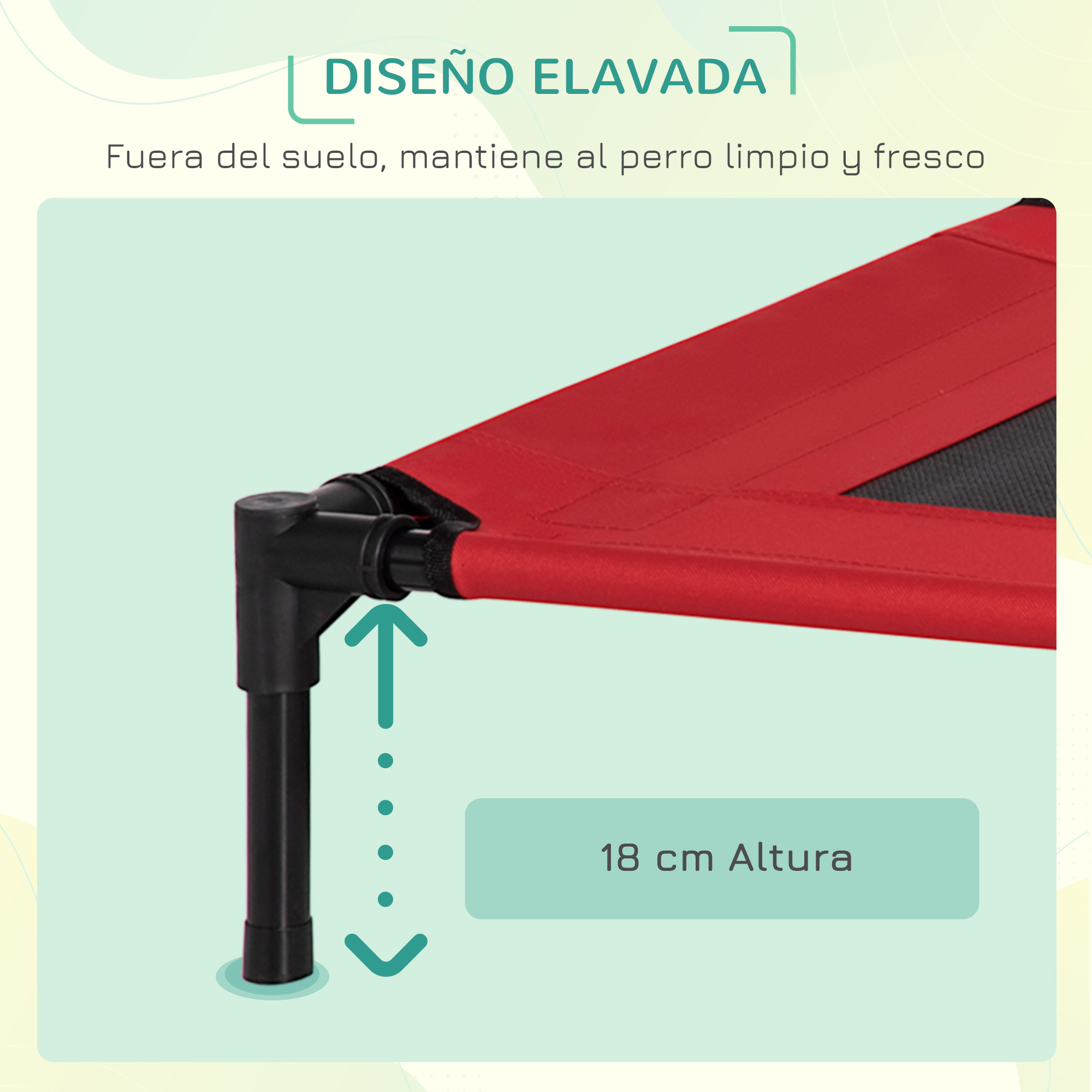 Una cama roja para perros con patas negras. Una flecha apunta hacia abajo mostrando la altura de la cama, 18 cm.