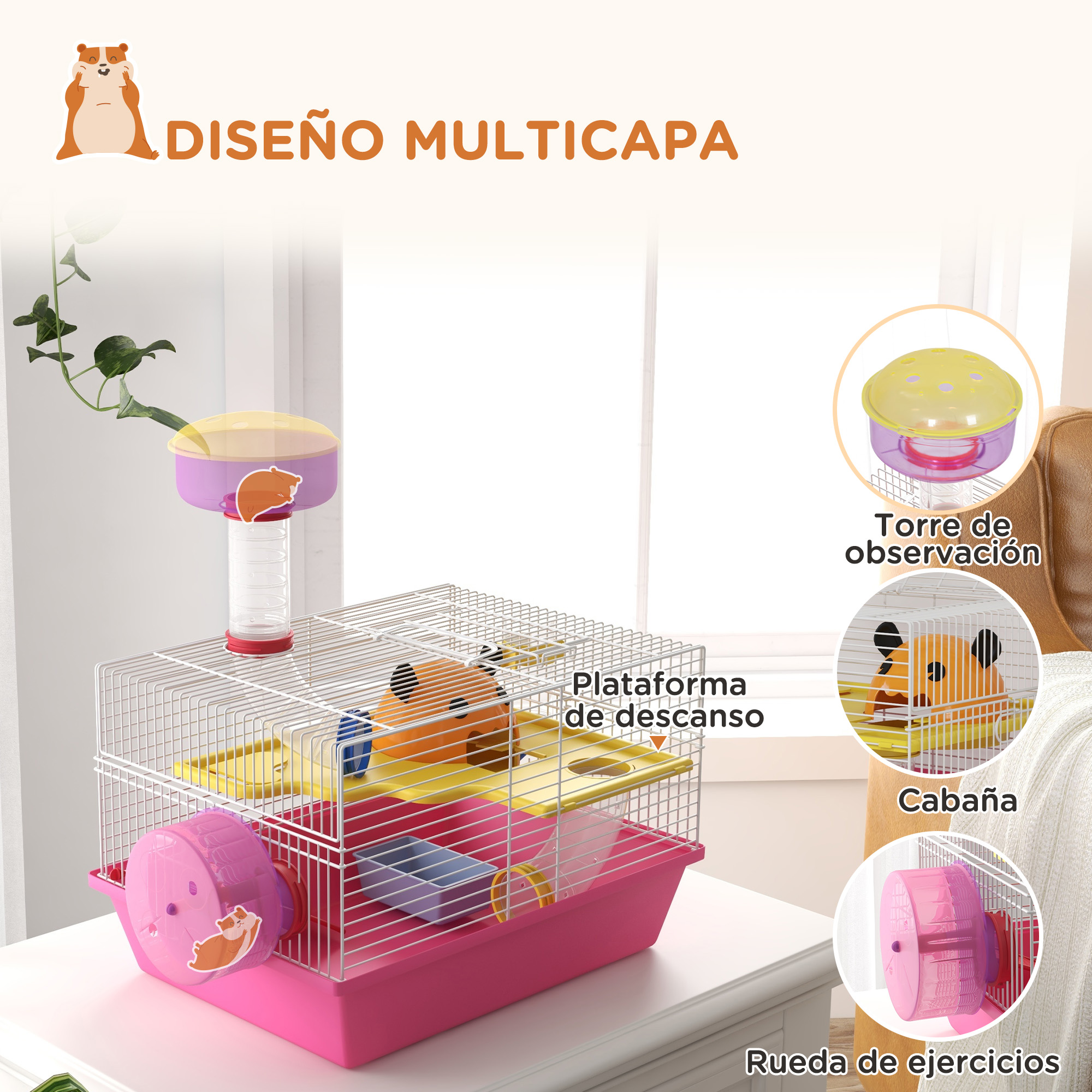 Una jaula para hámsteres de varios niveles con base rosa. Incluye una rueda, una casa y una torre de observación.