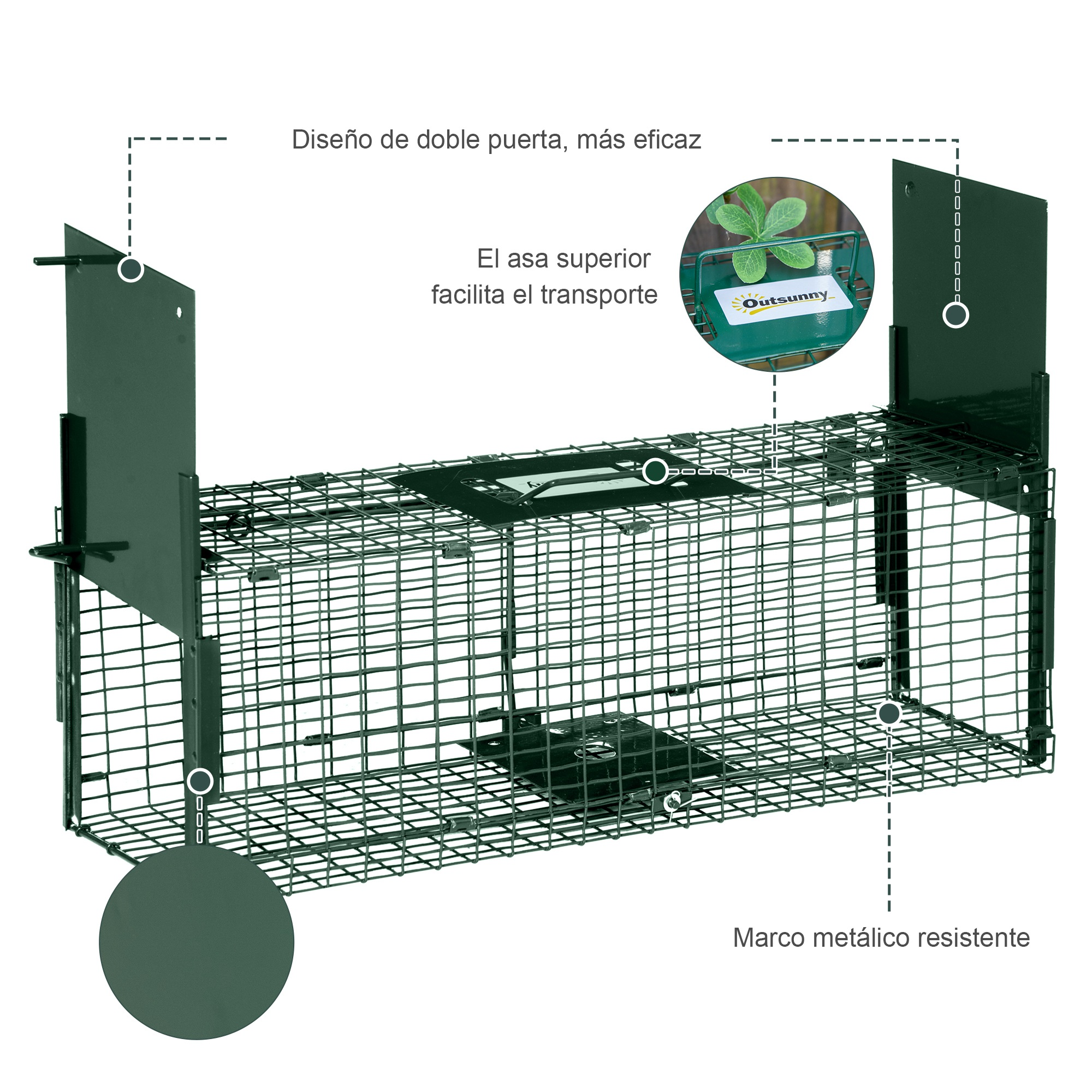 Una trampa de jaula de metal. Tiene un diseño de doble puerta. La trampa es verde y tiene un marco de metal resistente.