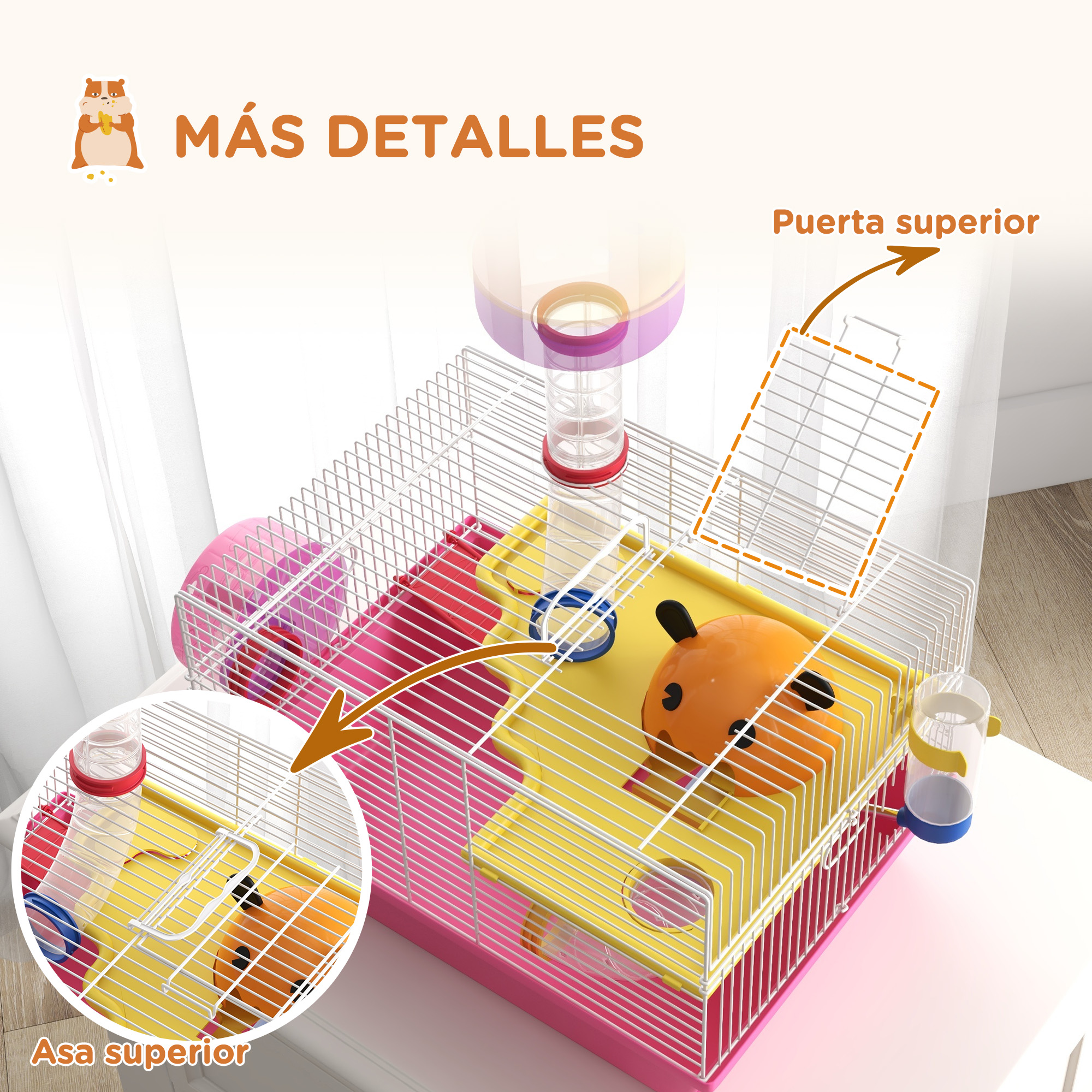 Jaula para hámster con funciones etiquetadas. Incluye botella de agua, plato de comida y un juguete. Rosa y amarillo.