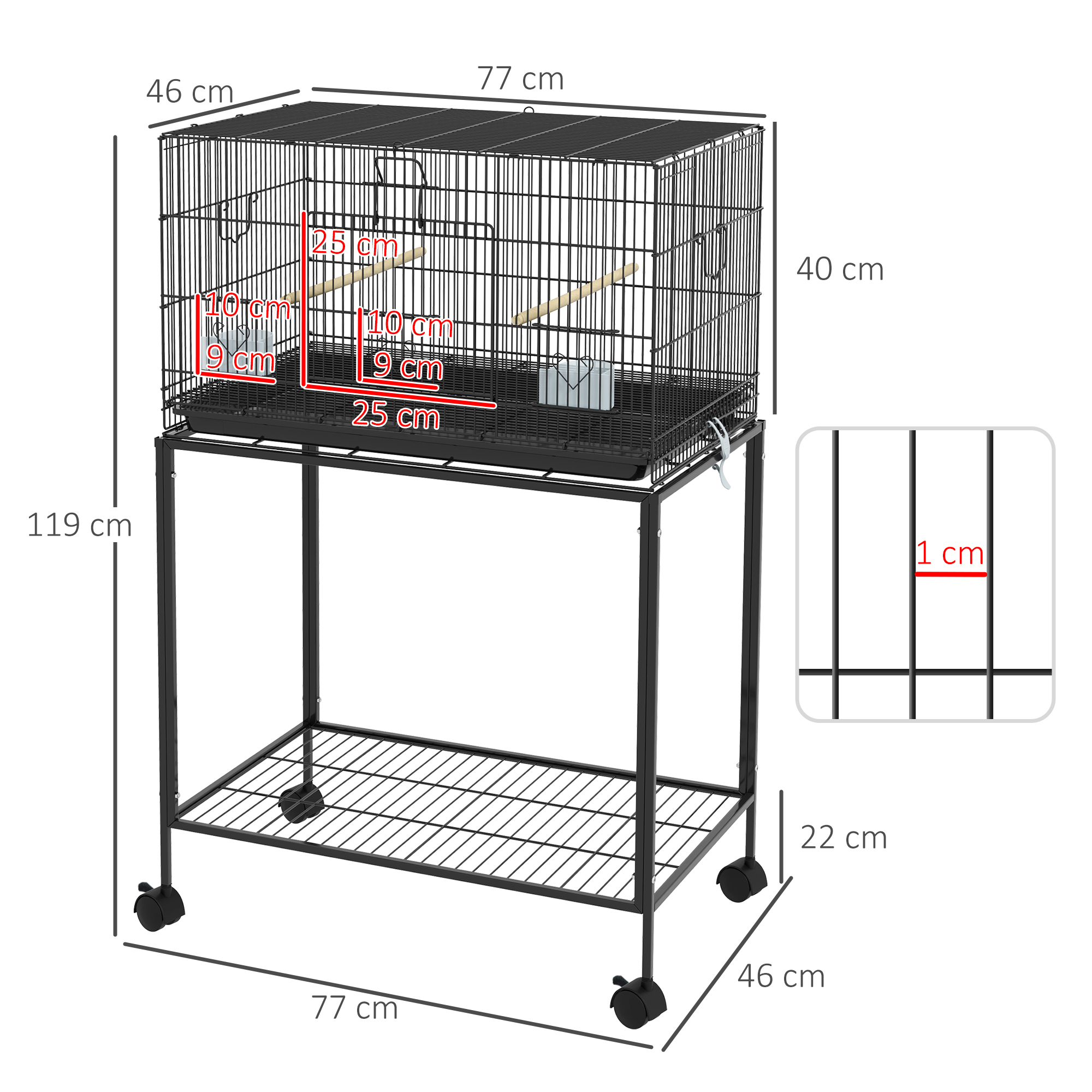 Jaula negra para pájaros sobre un soporte con dimensiones. La jaula tiene una bandeja negra, perchas y accesorios.