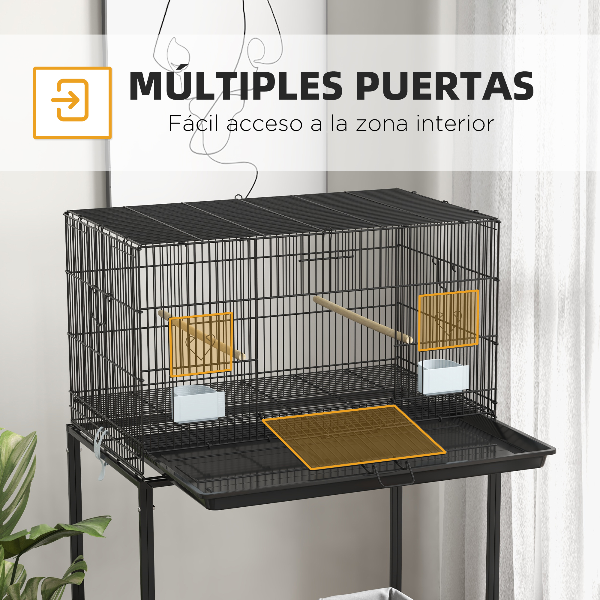 Una jaula negra con múltiples puertas y accesorios para aves.