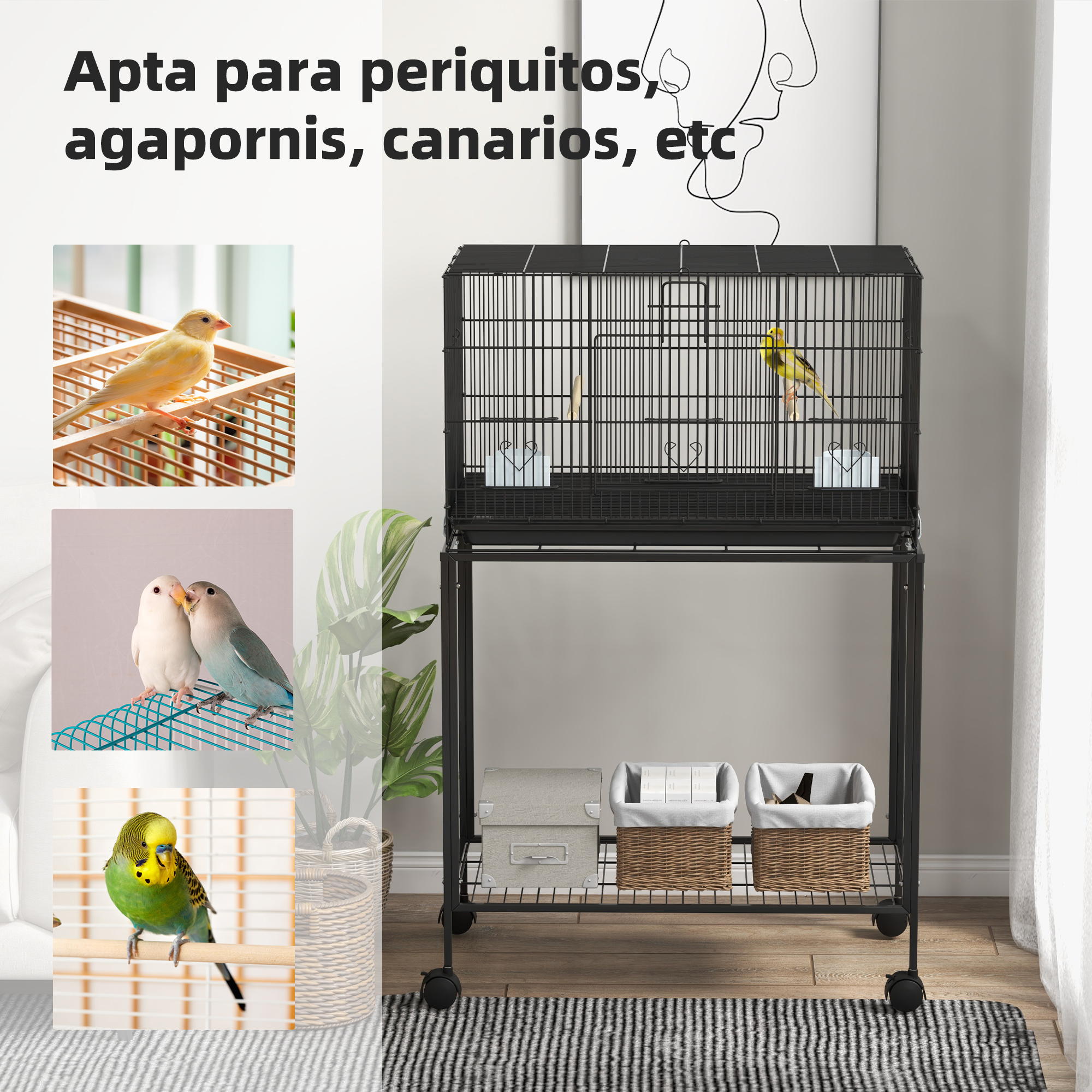 Jaula de pájaros negra con dos niveles, soportes y varias especies de aves.