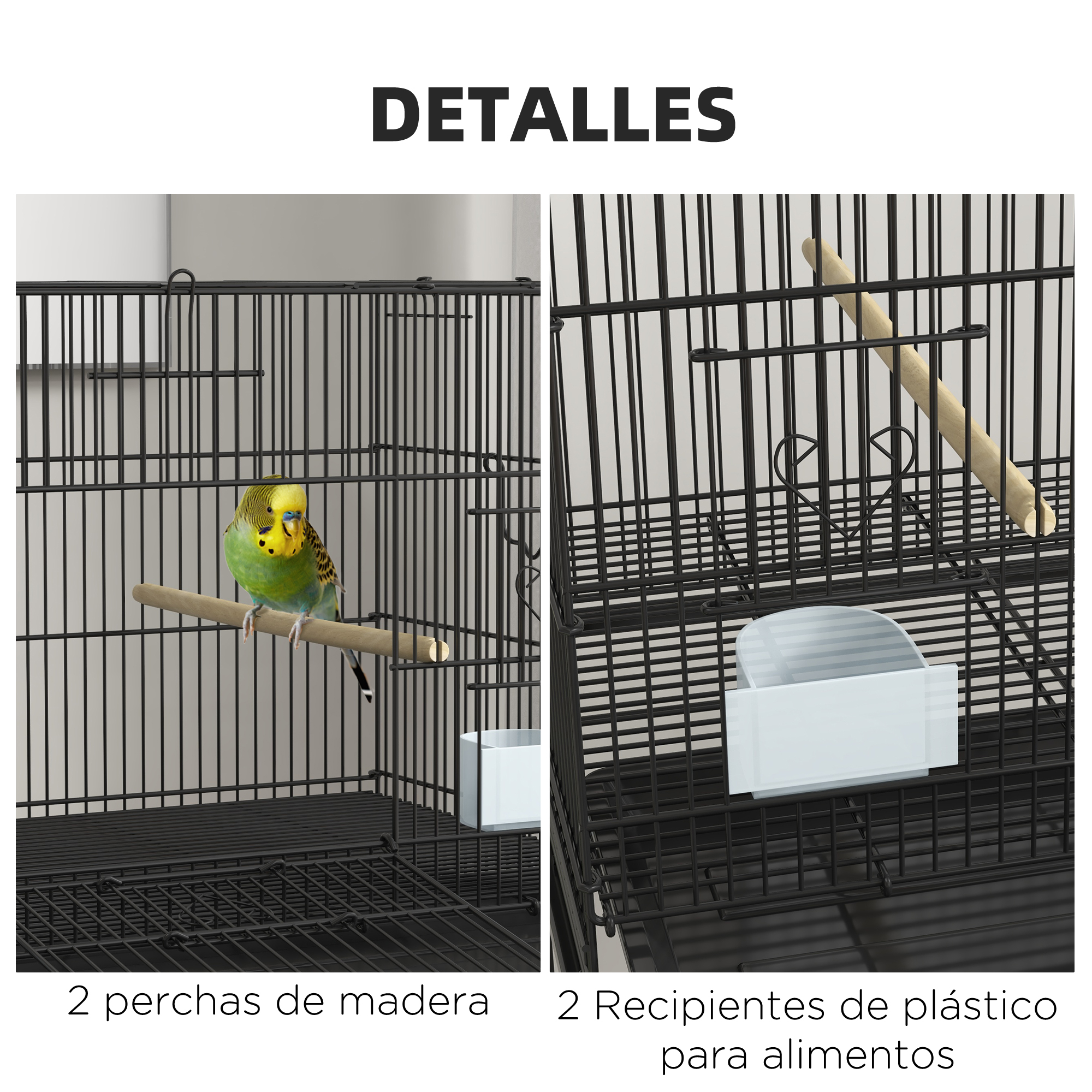 Detalles de una jaula de pájaros: perchas de madera, recipientes de plástico para alimentos y un ave colorida.