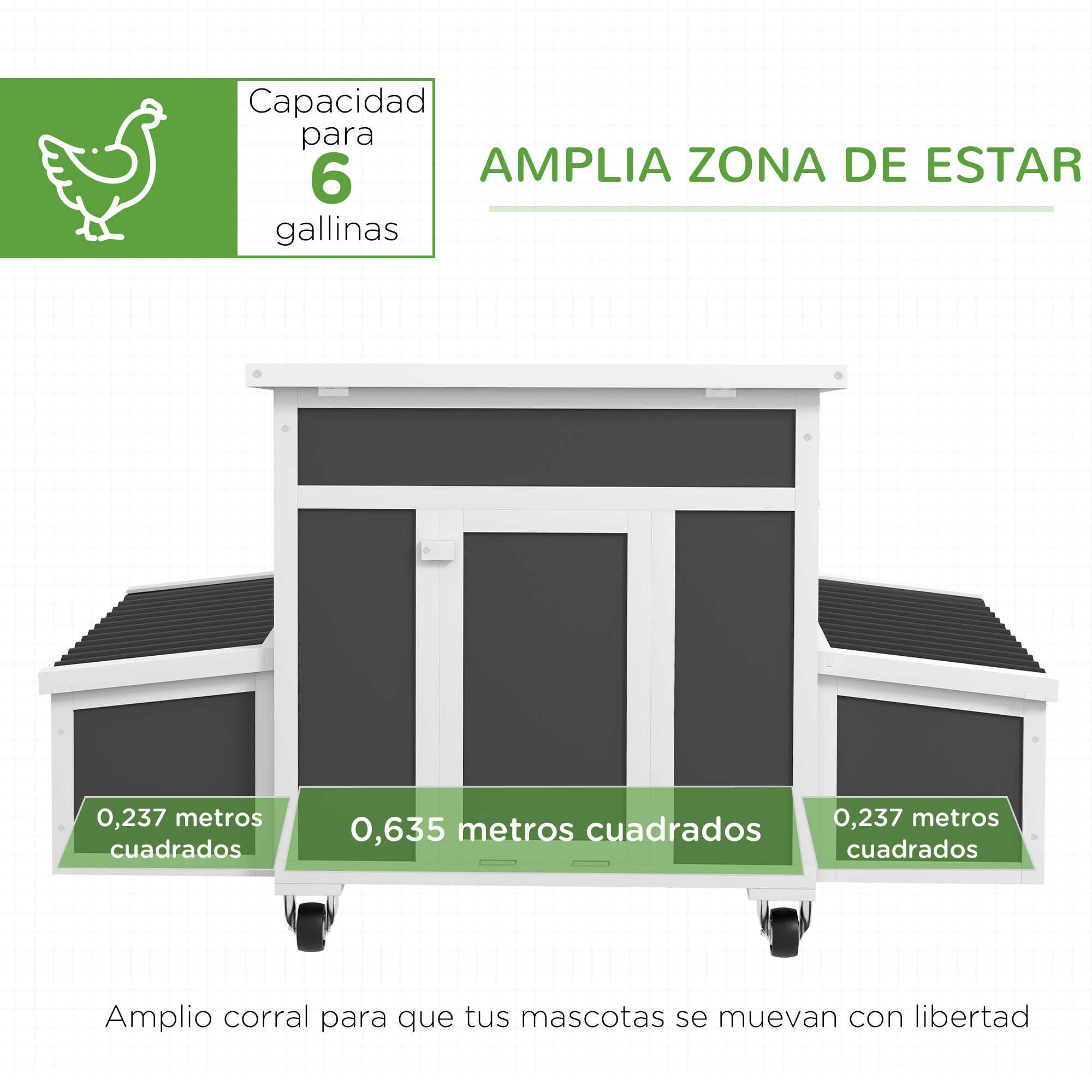 Gallinero con texto 'AMPLIA ZONA DE ESTAR' y dimensiones.