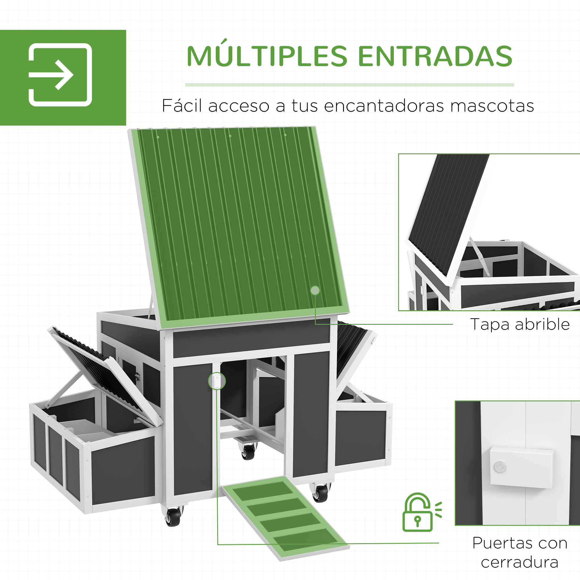 Gallinero modular con múltiples entradas y techo verde, con puerta abierta y funciones de cierre.