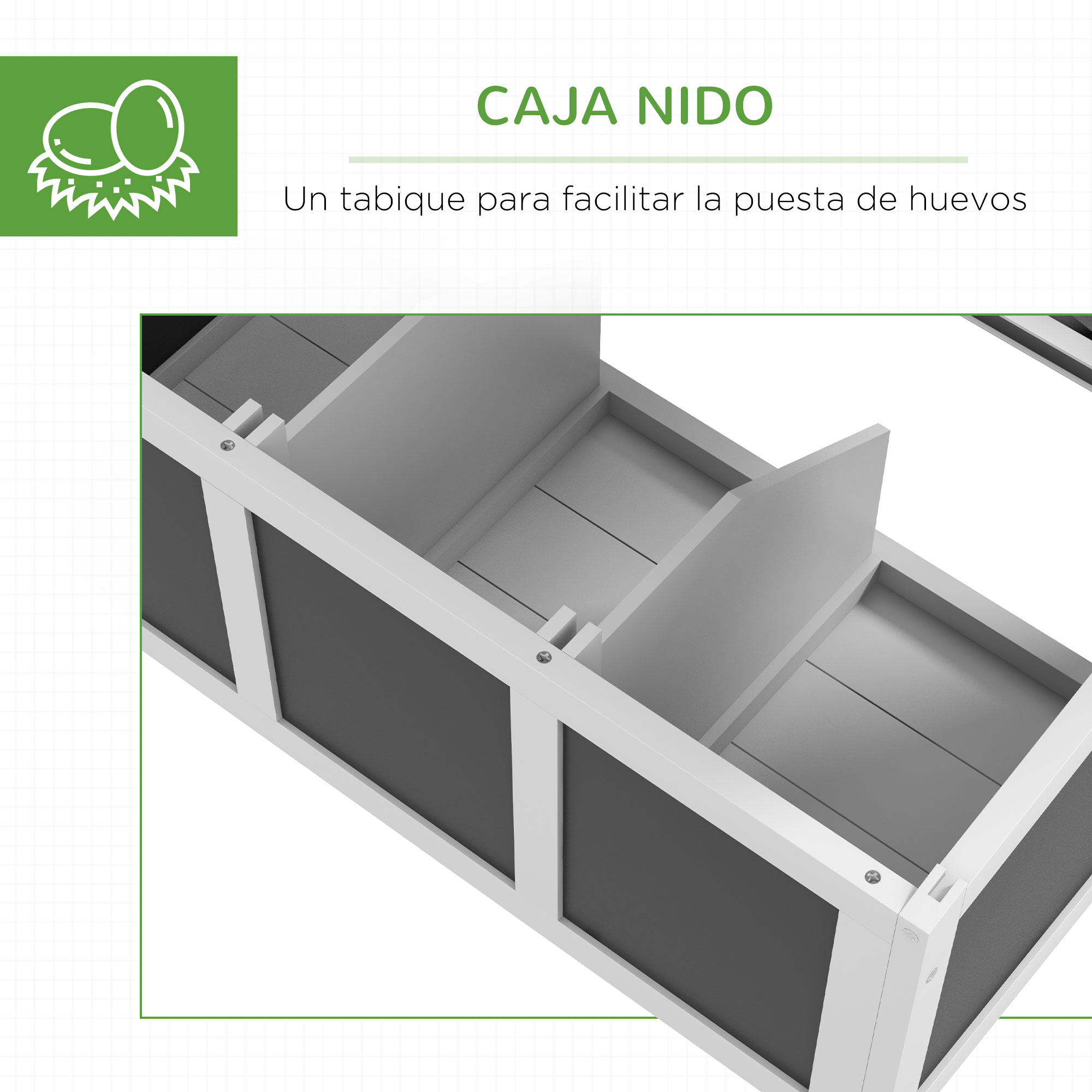 Vista interior de una caja nido en un gallinero. La caja tiene compartimentos.