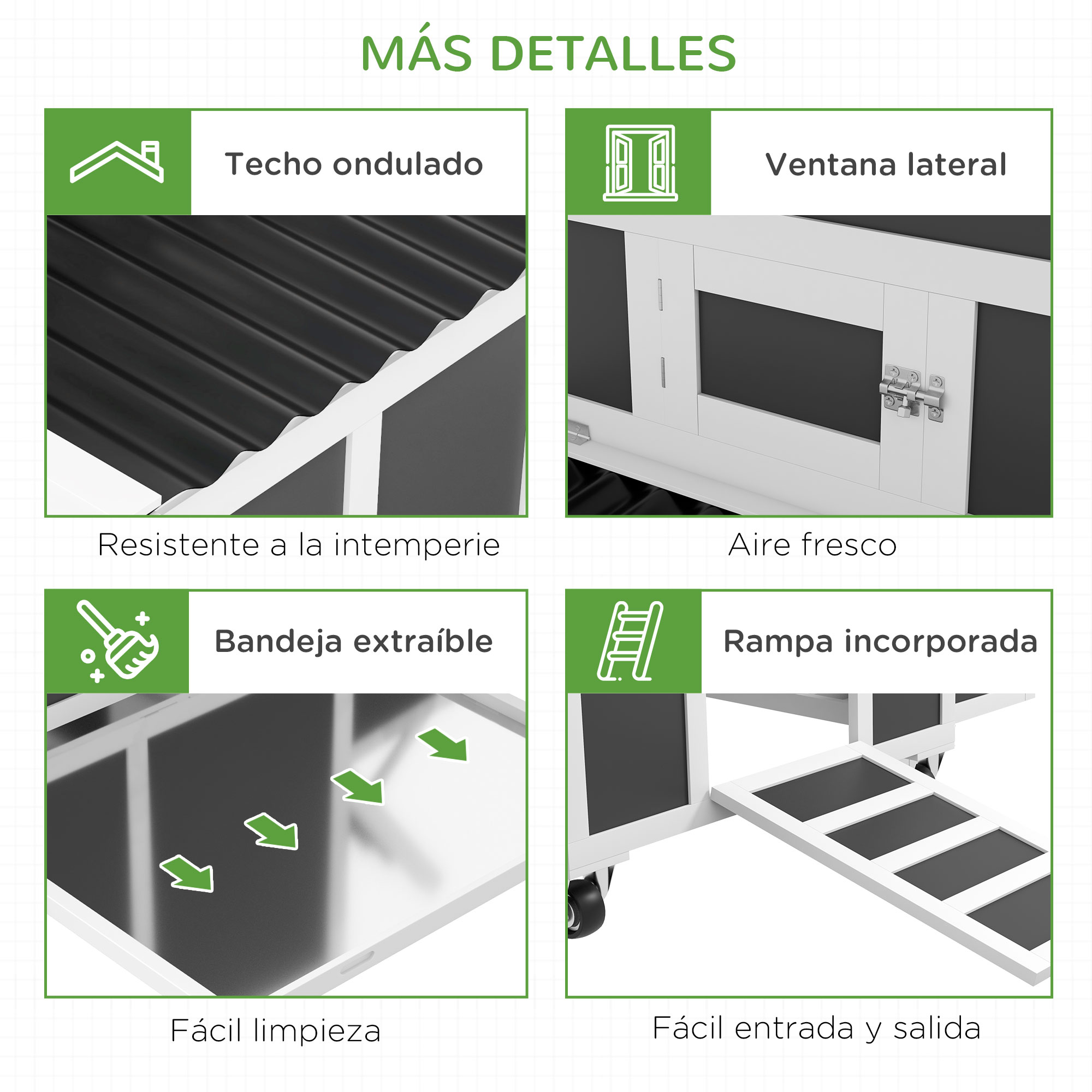 Cuatro imágenes que muestran detalles de una caseta para perros: techo, ventana lateral, bandeja extraíble y rampa.