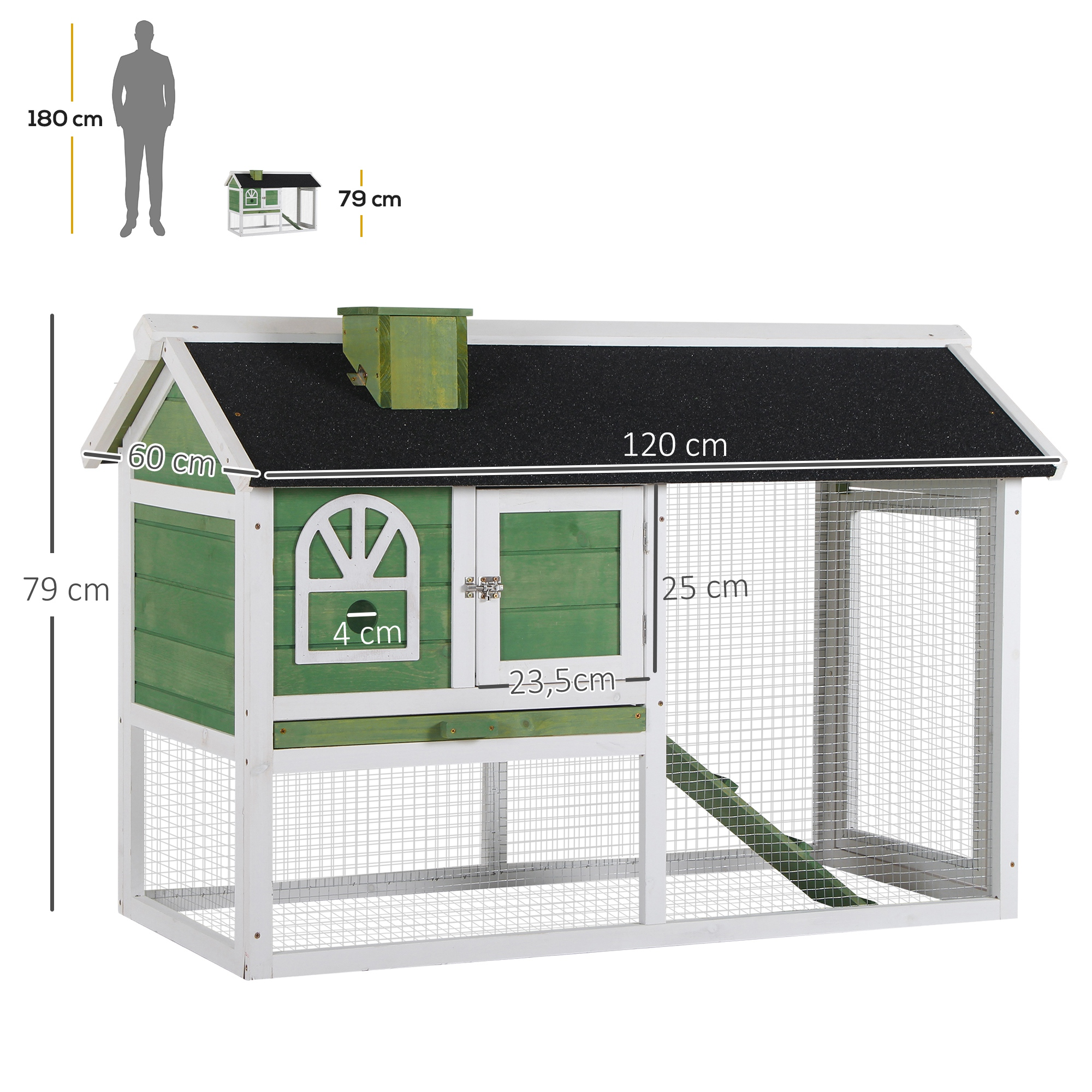Gallinero verde y blanco con dimensiones. Se incluye una figura humana para la escala.