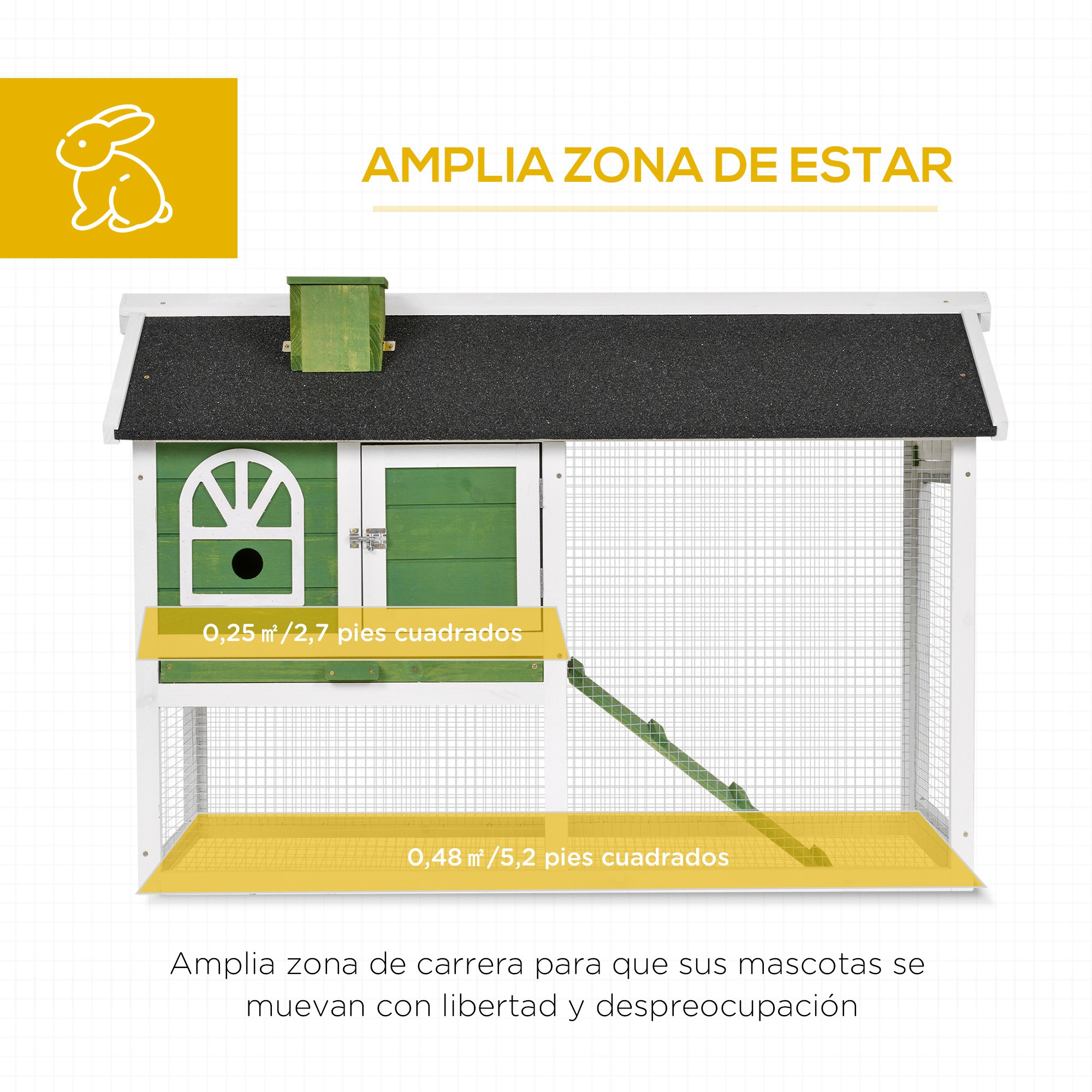 Gallinero con casa verde y techo negro. Incluye rampas y un área de carrera grande.