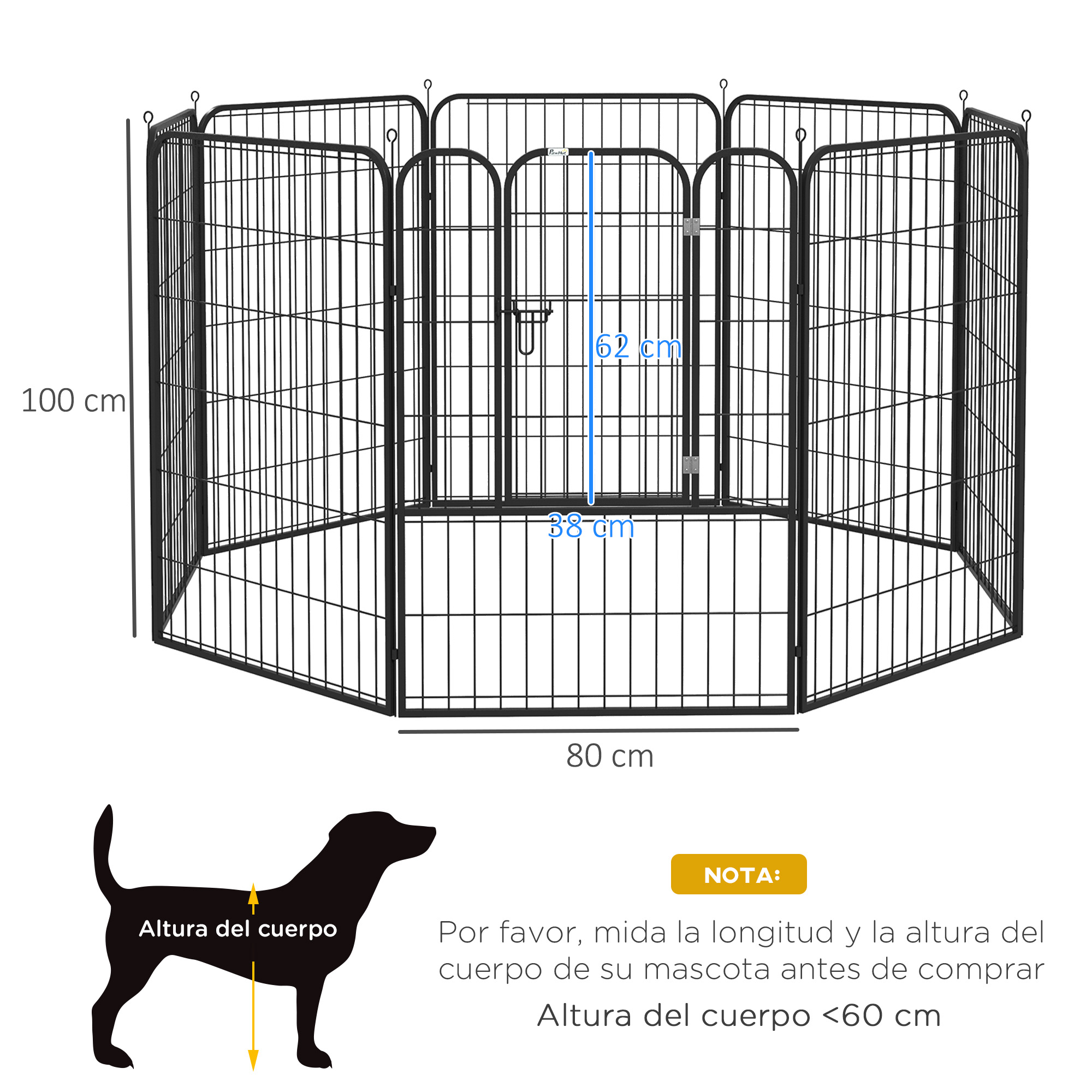 Parque metálico negro para mascotas, con dimensiones y una silueta de perro para comparar tamaños.
