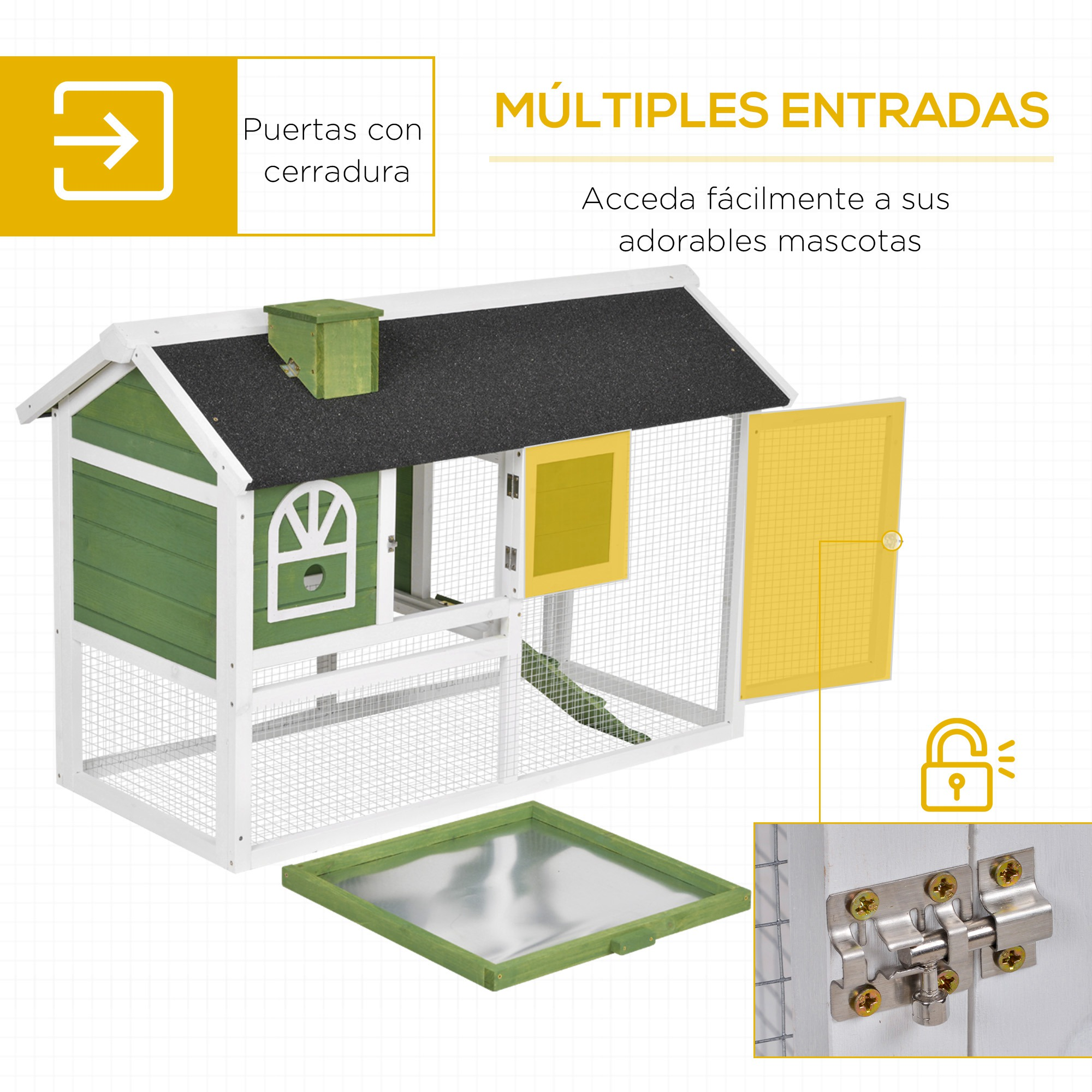 Un gallinero verde y blanco con múltiples entradas y una puerta con cerradura. Una bandeja de metal está debajo del gallinero.