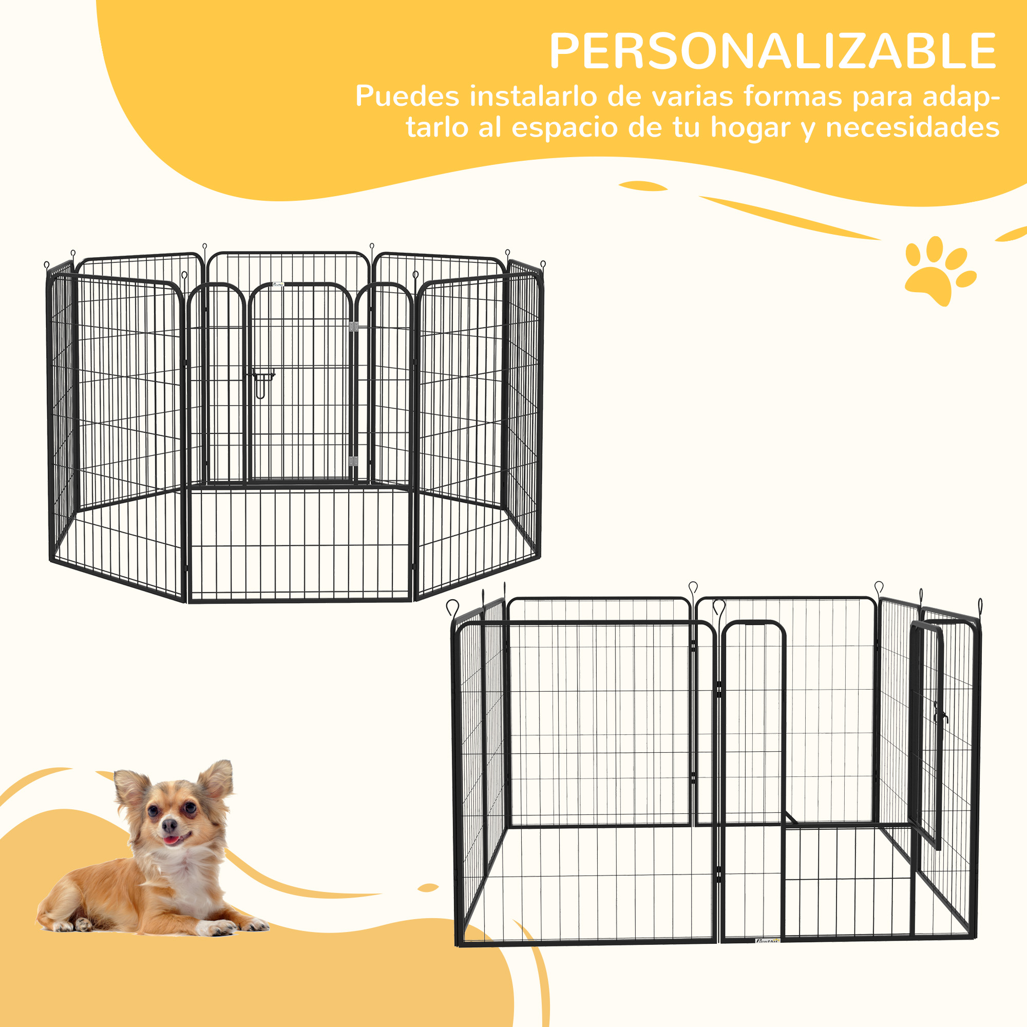 Dos parques para perros en diferentes configuraciones, mostrando un diseño personalizable con barras de metal.