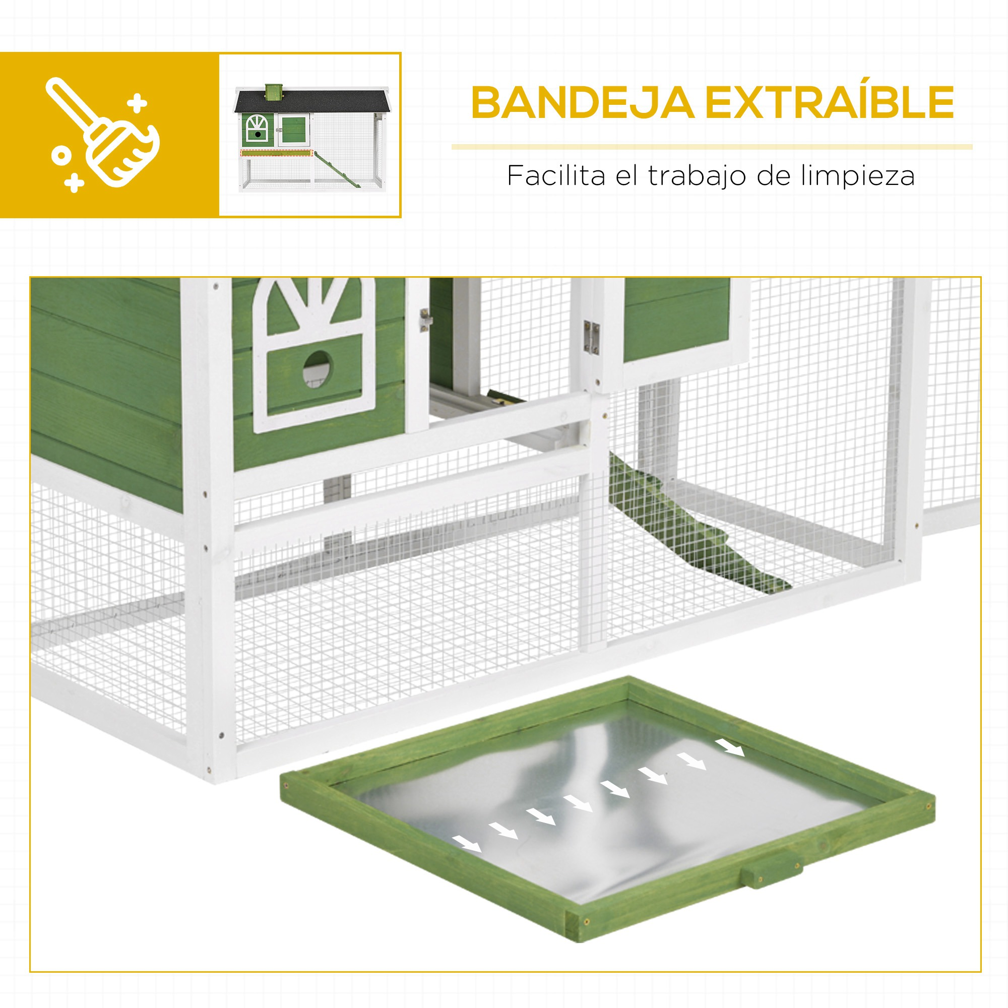 Una conejera verde y blanca con bandeja extraíble. El fondo es blanco.